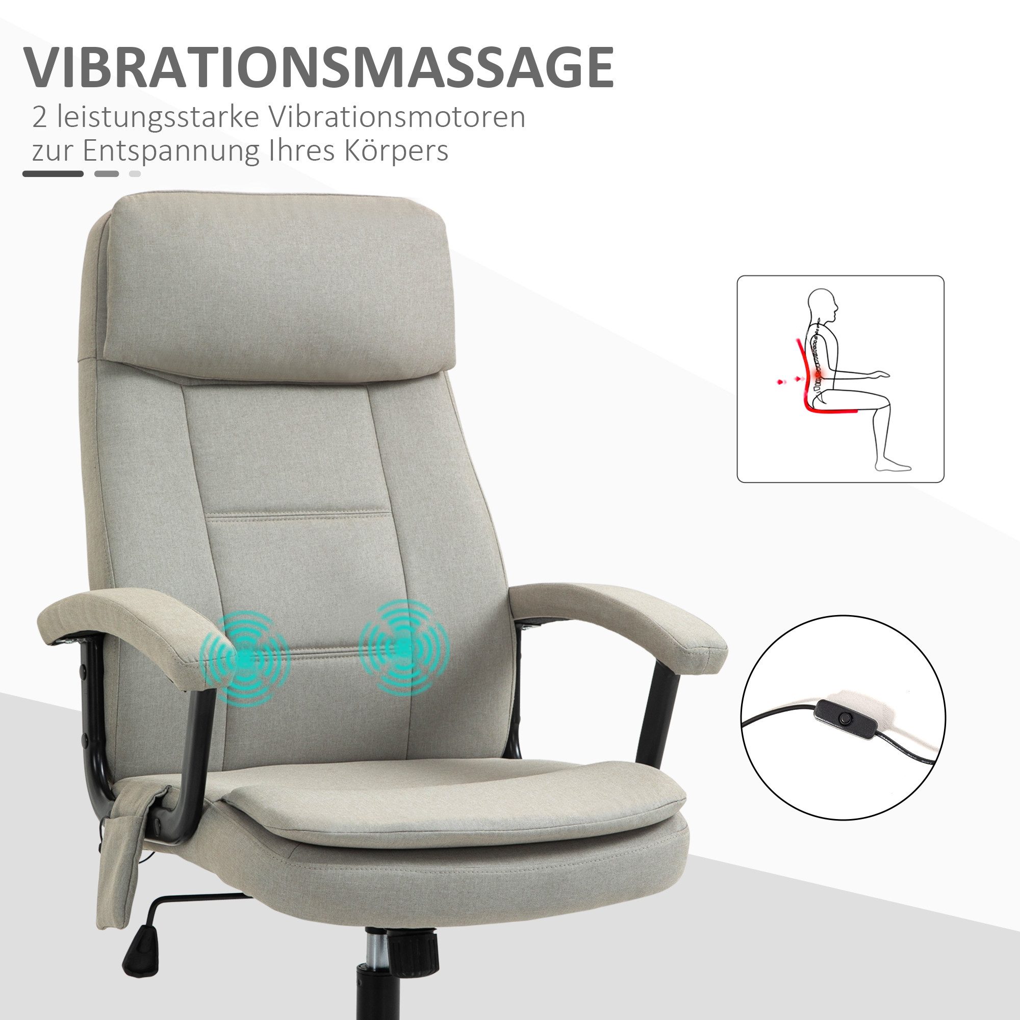 Vinsetto Schreibtischstuhl Bürostuhl mit Massagefunktion, Chefsessel mit Wippfunktion (Massagebürostuhl, 1 St), Drehstuhl, höhenverstellbar Lendenwirbelsäulenma – Bild 5 von 5