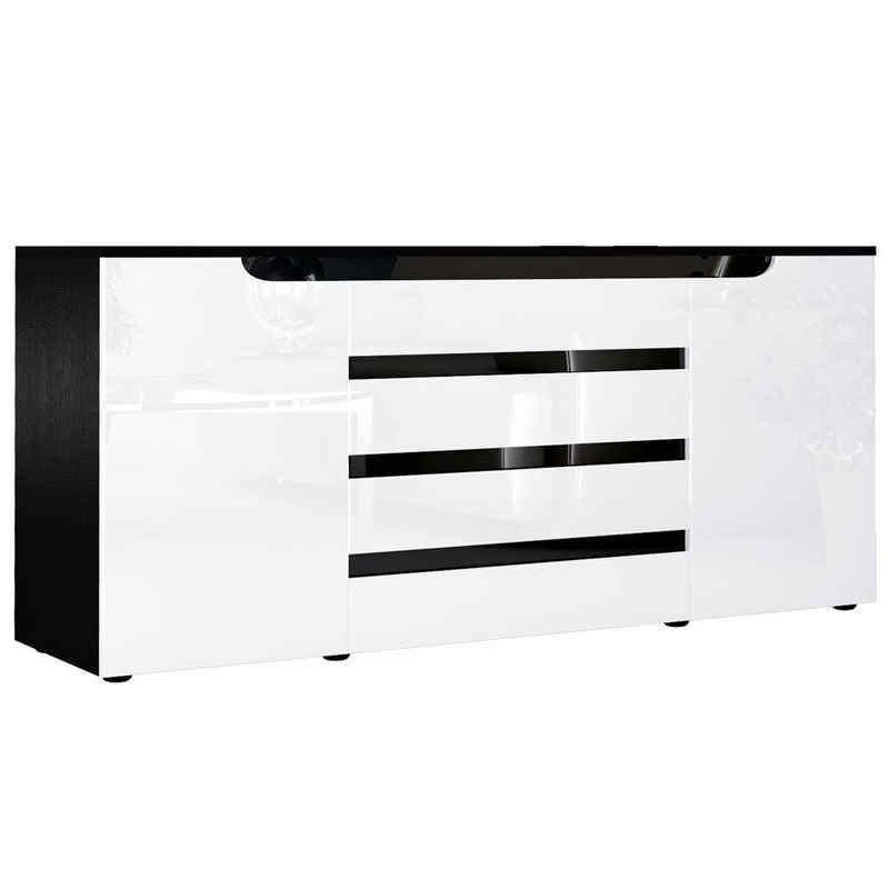 Vladon Sideboard Sylt (Kommode, mit 2 Türen und 4 Schubladen), Schwarz matt/Weiß Hochglanz/Schwarz Hochglanz (166 x 72 x 35)