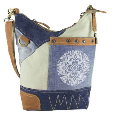 Sunsa Umhängetasche Umhängetasche mit Mandala Motiv Aufdruck. Hobo Tasche aus recycelte Jeans und Beige Canvas. Tasche mit viel Platz., recycelte Materialien