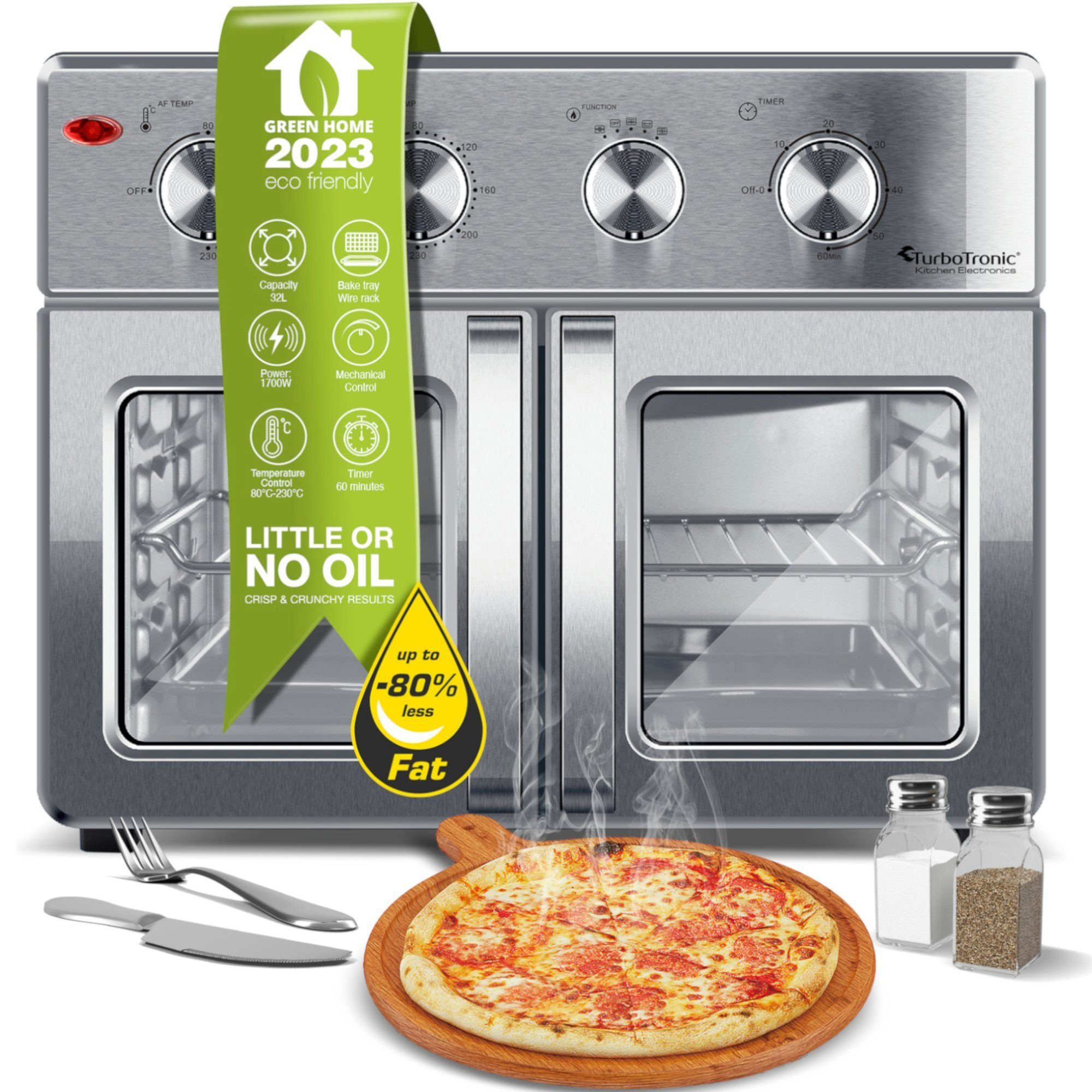 TurboTronic by Z-Line Minibackofen 4in1 Heißluftofen Heißluftfritteuse XXL Version 32L inkl. Drehspieß, & viel Zubehör Backblech, Dörrgerät ab 25°C & Grill, Airfryer silber