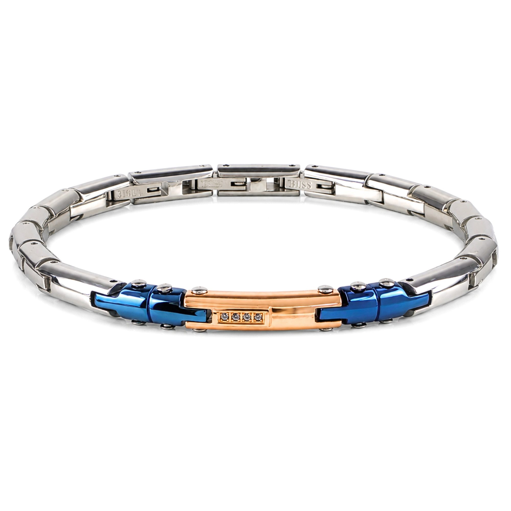 UNIQAL.de Edelstahlarmband DANTE BLAU - Technik, Spannung & Roségold-Kontrast (Präzisionsdesign mit markanten Farbkontrasten & Zirkonia-Detail, Handgefertigt in Deutschland · inkl. hochwertiger Schmuckverpackung), Flexibel verstellbar · Wasserbeständig · Hautfreundlich