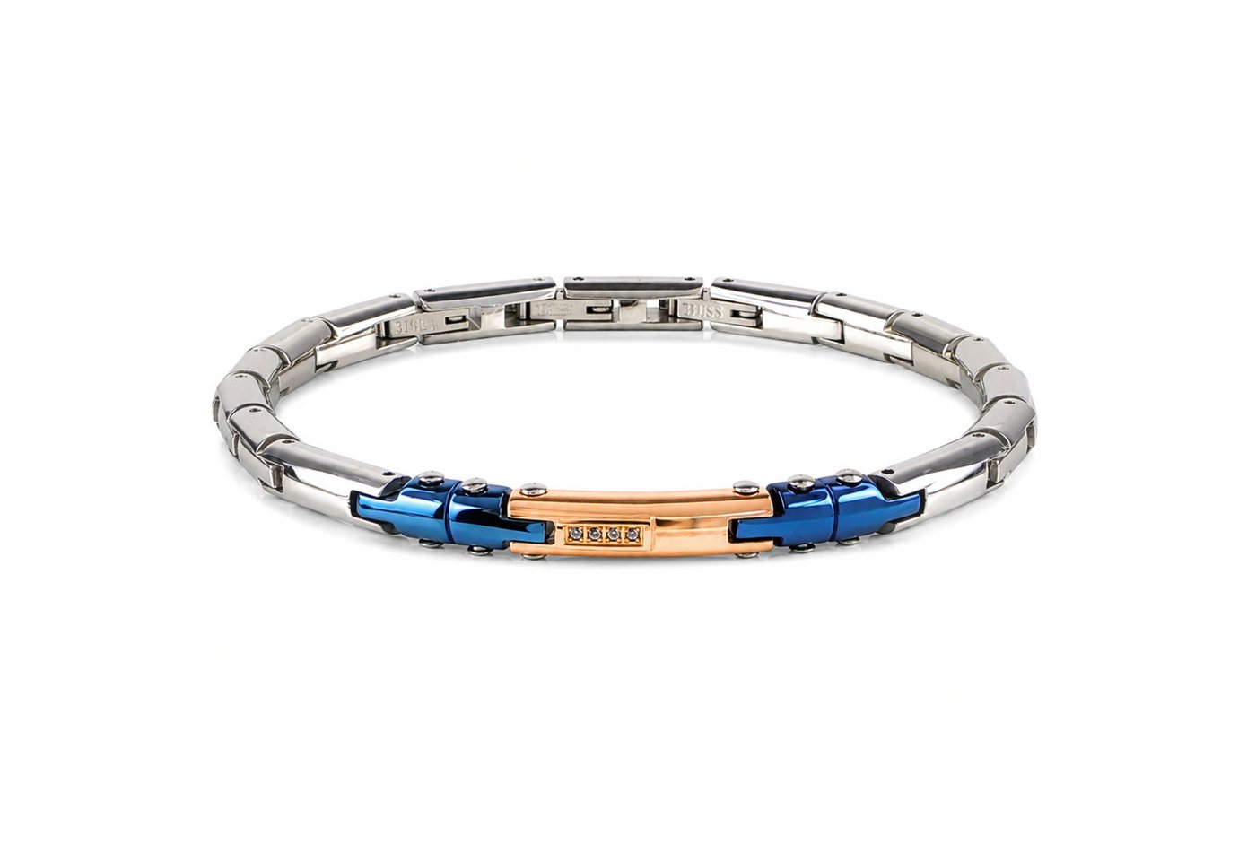 UNIQAL.de Edelstahlarmband DANTE BLAU - Technik, Spannung & Roségold-Kontrast (Präzisionsdesign mit markanten Farbkontrasten & Zirkonia-Detail, Handgefertigt in Deutschland · inkl. hochwertiger Schmuckverpackung), Flexibel verstellbar · Wasserbeständig ·