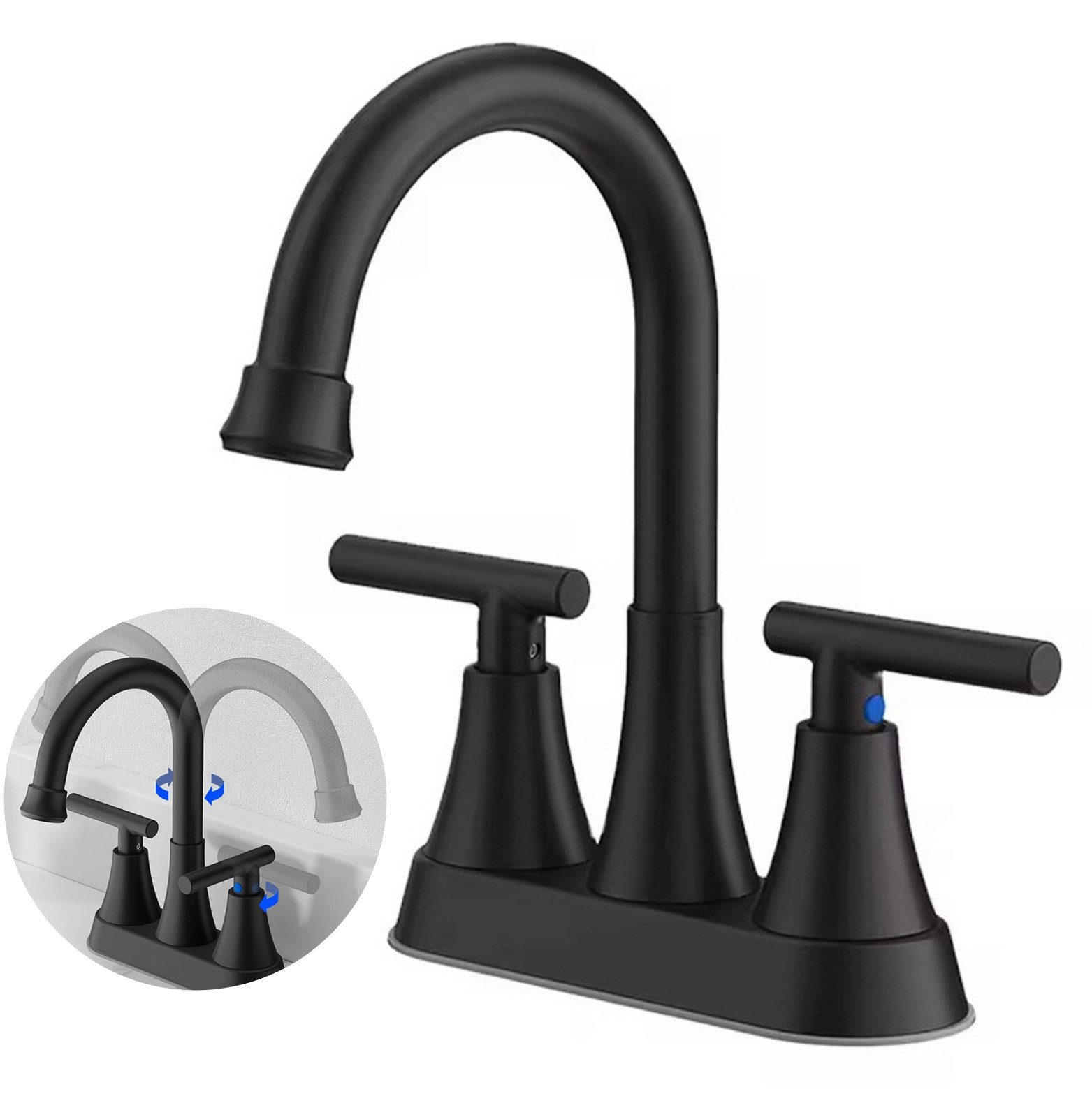 OKWISH Waschtischarmatur 360° drehbarer Badarmatur Schwarz Edelstahl Wasserhahn (3/8 Zoll Norm-Anschluss, Kaltes und Heißes Wasser Vorhanden, 1-St., mit Pop-up Ablaufgarnitur, 3-Loch-Design) für Bad Gäste-WC Camper Waschküche