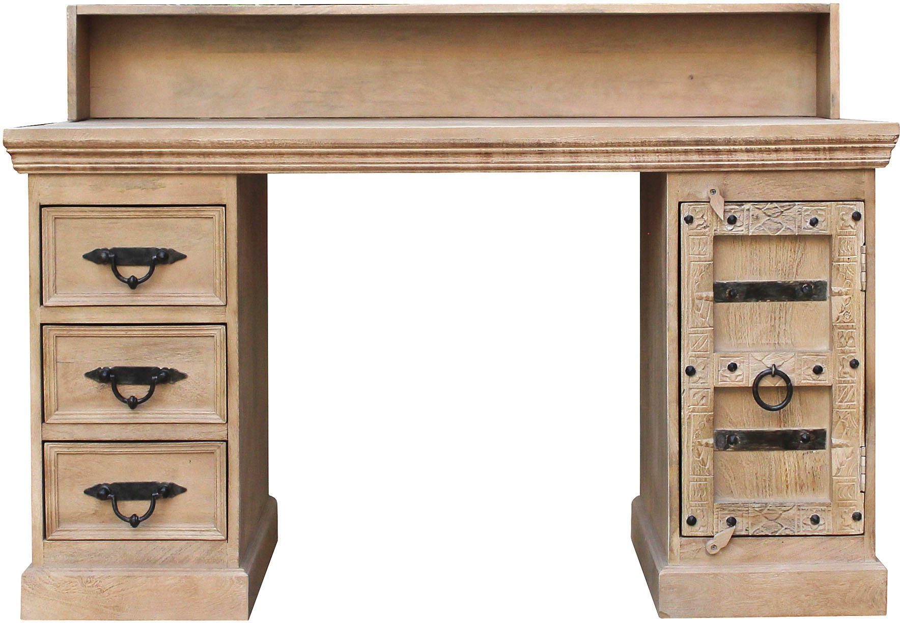 SIT Schreibtisch Daipur, mit Beschlägen und Schnitzereien