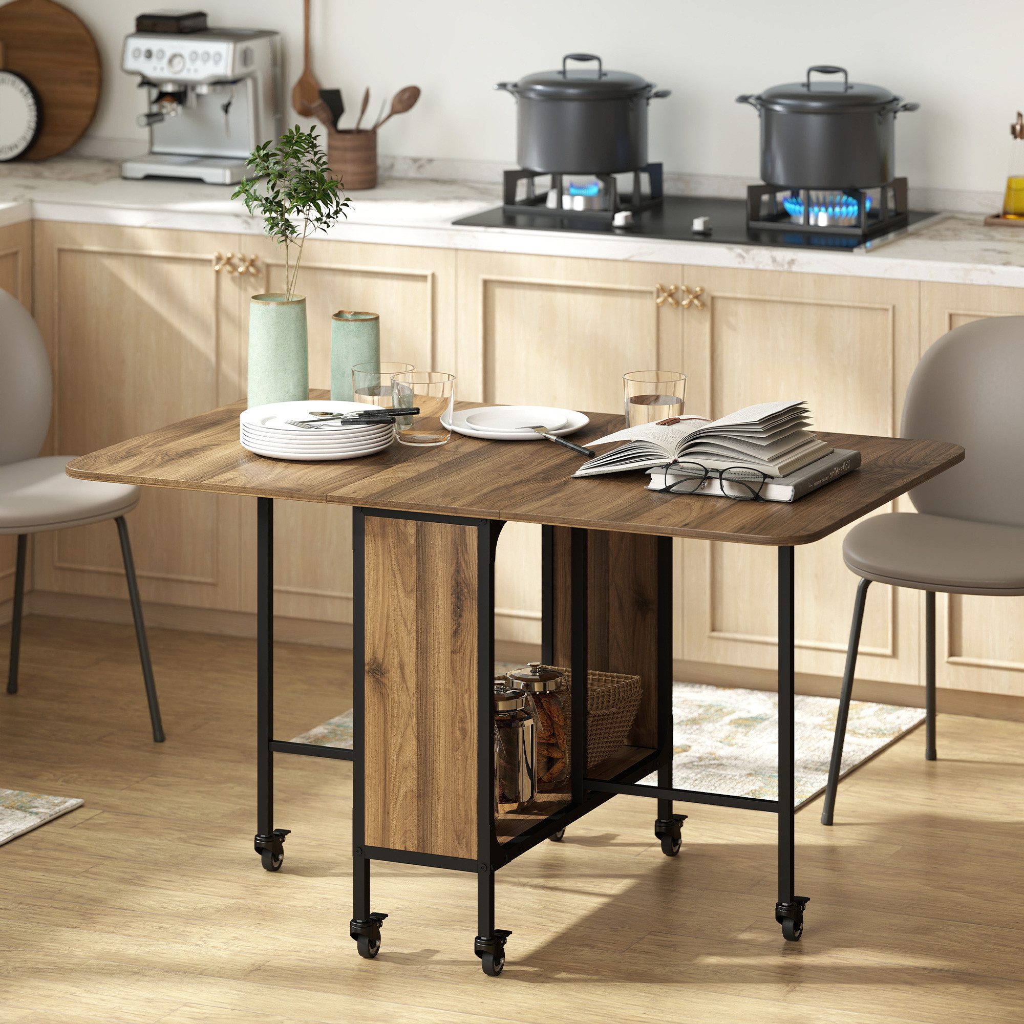 HOMCOM Klapptisch Mobiler mit offenem Regal, Holzoptik, für kleine Räume (Küchentisch, 1-St., Esstisch), für Wohnzimmer, Braun