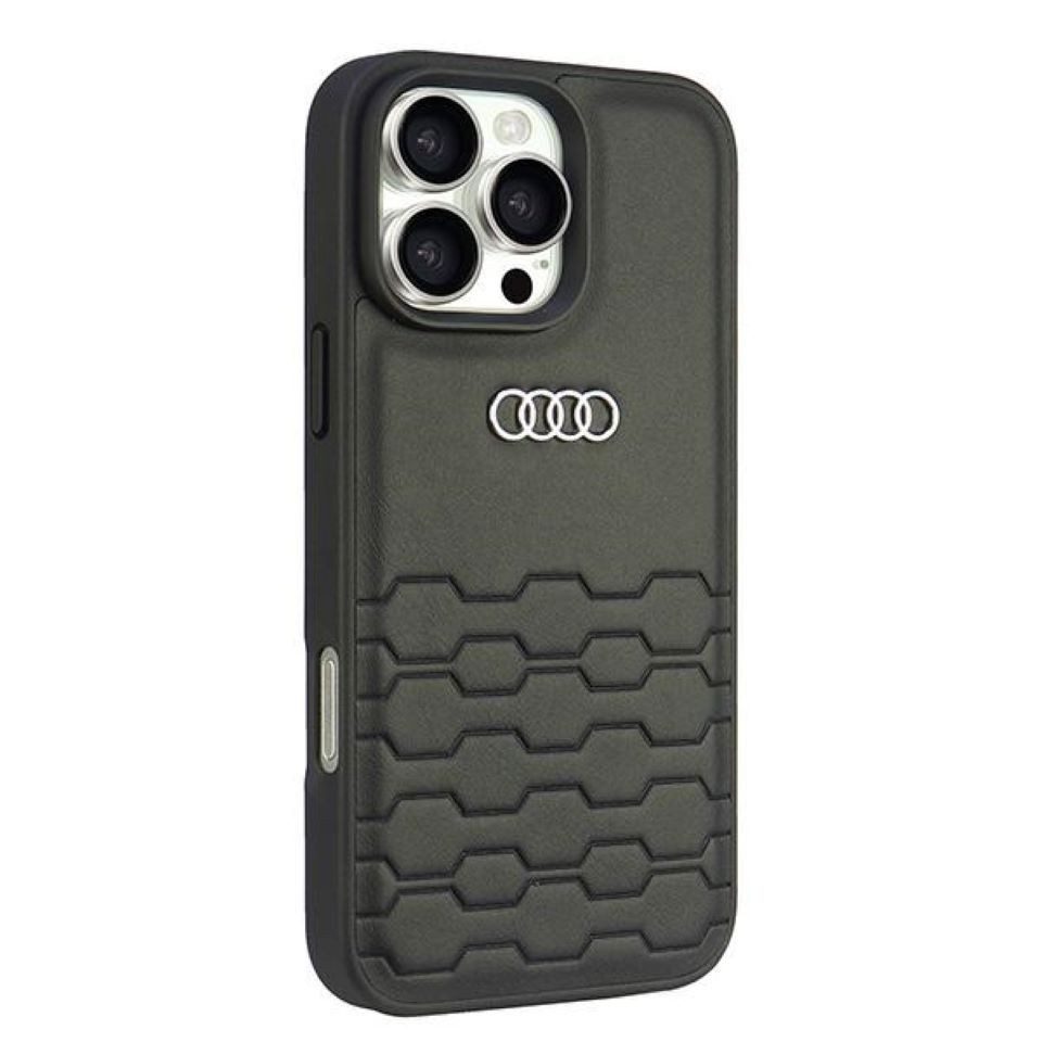 Audi Handyhülle iPhone 16 Pro Max Kunstleder schwarz Logo Metall 6,9 Zoll, Kantenschutz