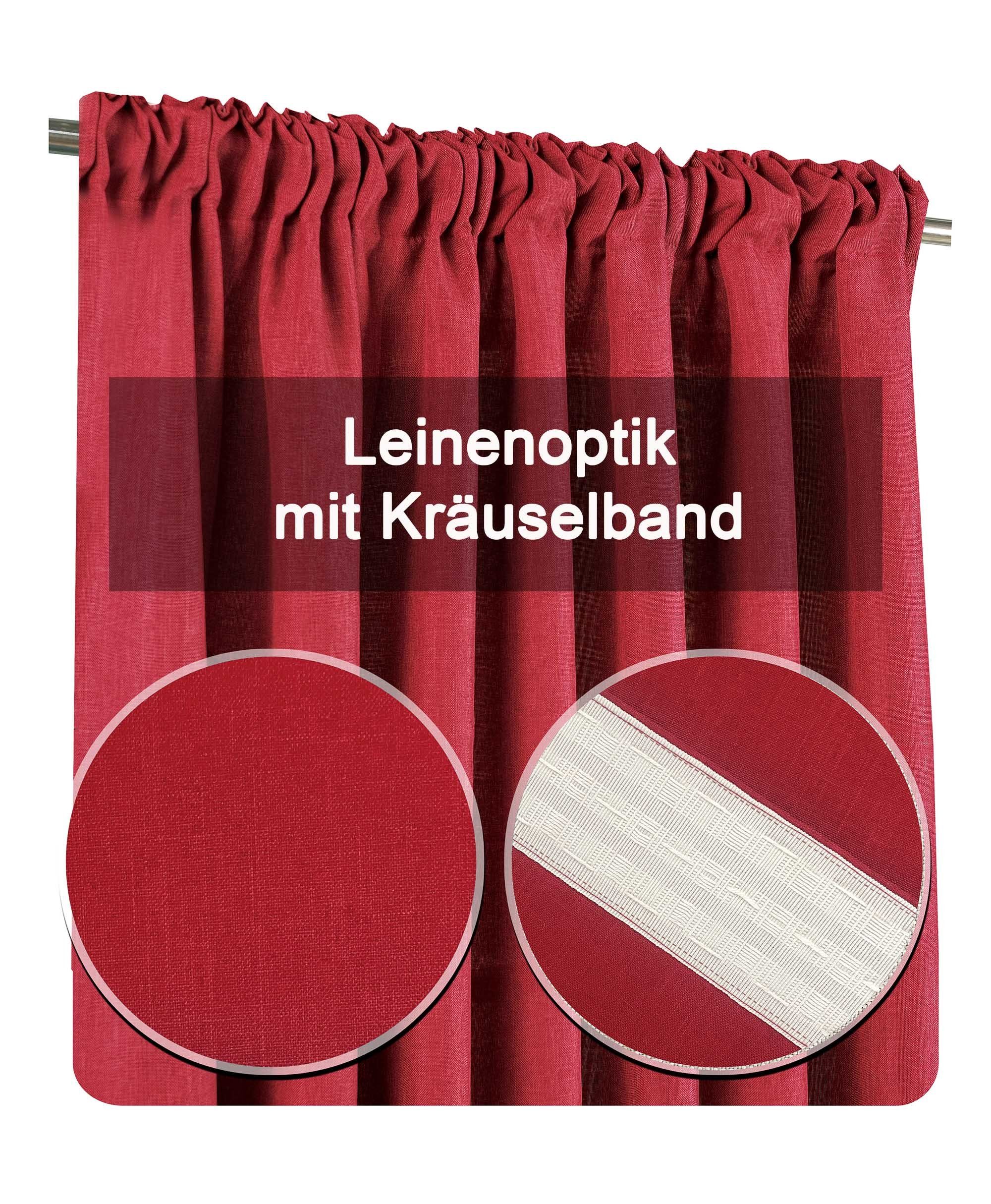 Gardine Rot Leinenoptik blickdicht, Vorhang Deko, Kräuselband Bordeaux und Kräuselband (1 Polyester Haus St), cm blickdicht Struktur uni, 140x245