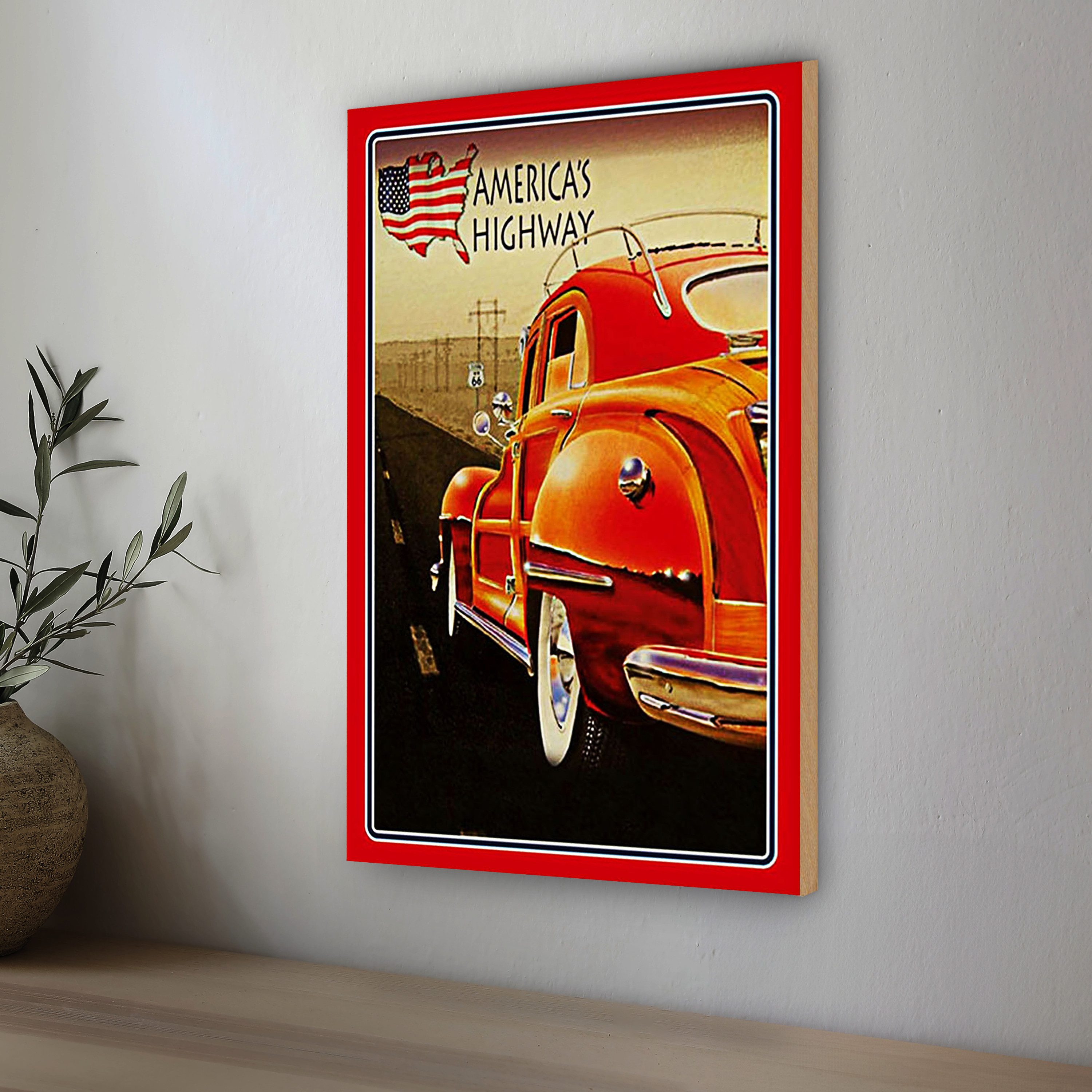 Roomando Holzbild Auto 30x40cm Oldtimer america´s highway USA