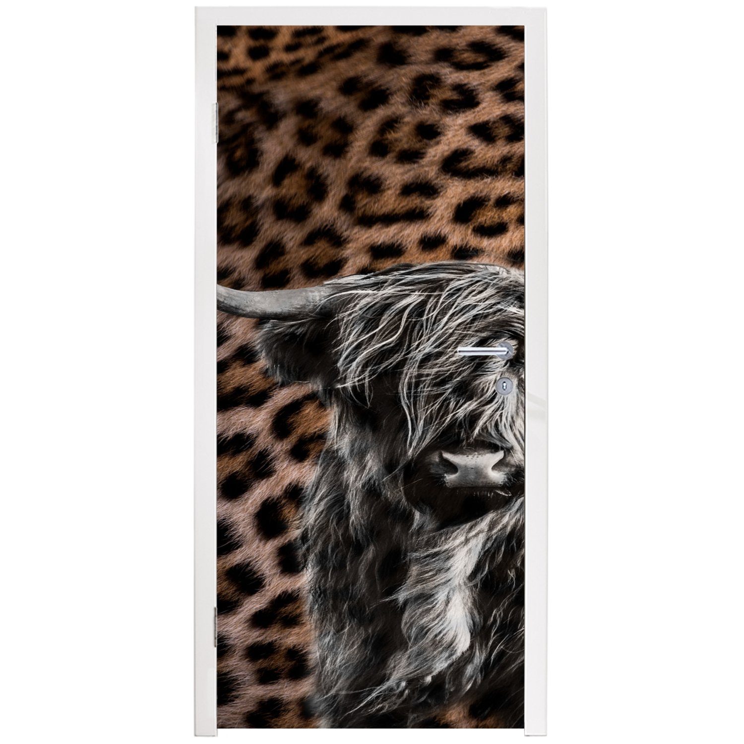 Matt, MuchoWow Tür, - Türtapete Fototapete - cm St), 75x205 Schwarz bedruckt, Pantherdruck (1 Türaufkleber, für Weiß, Schottischer - Highlander