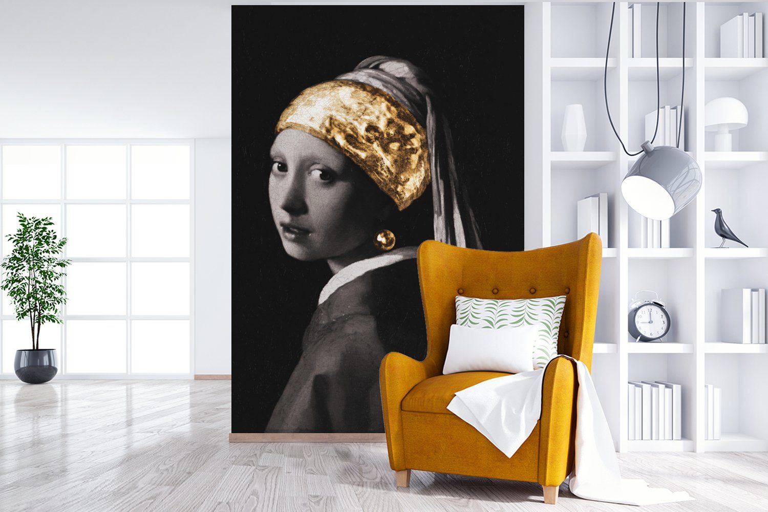 MuchoWow Fototapete Mädchen mit einem Vinyl (3 Gold, - Johannes Wandtapete Matt, bedruckt, Wohnzimmer, - Vermeer Montagefertig für St), Tapete Perlenohrring