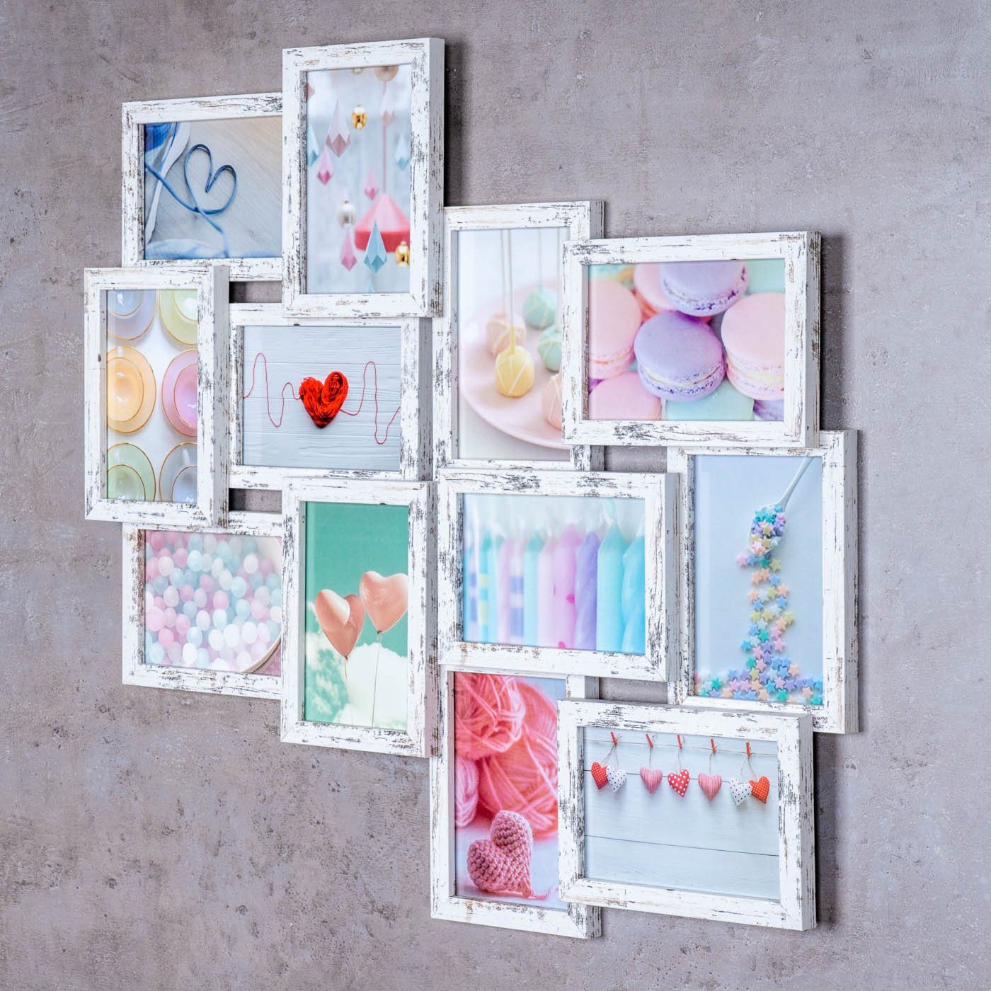 Levandeo® Bilderrahmen Collage, Bilderrahmen 58x55cm Collage 12 Fotos 10x15 Shabby Chic MDF Holz