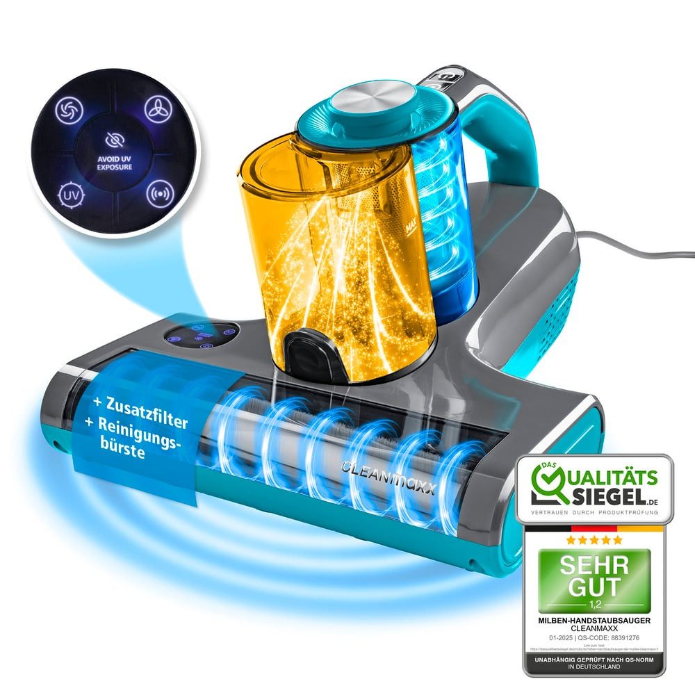 CLEANmaxx Matratzenreinigungsgerät Milbensauger Rotation Power mit UV-C-Licht & HEPA-Filter, 450 W, beutellos, Handstaubsauger für Matratzen, Ultraschall & Wärme