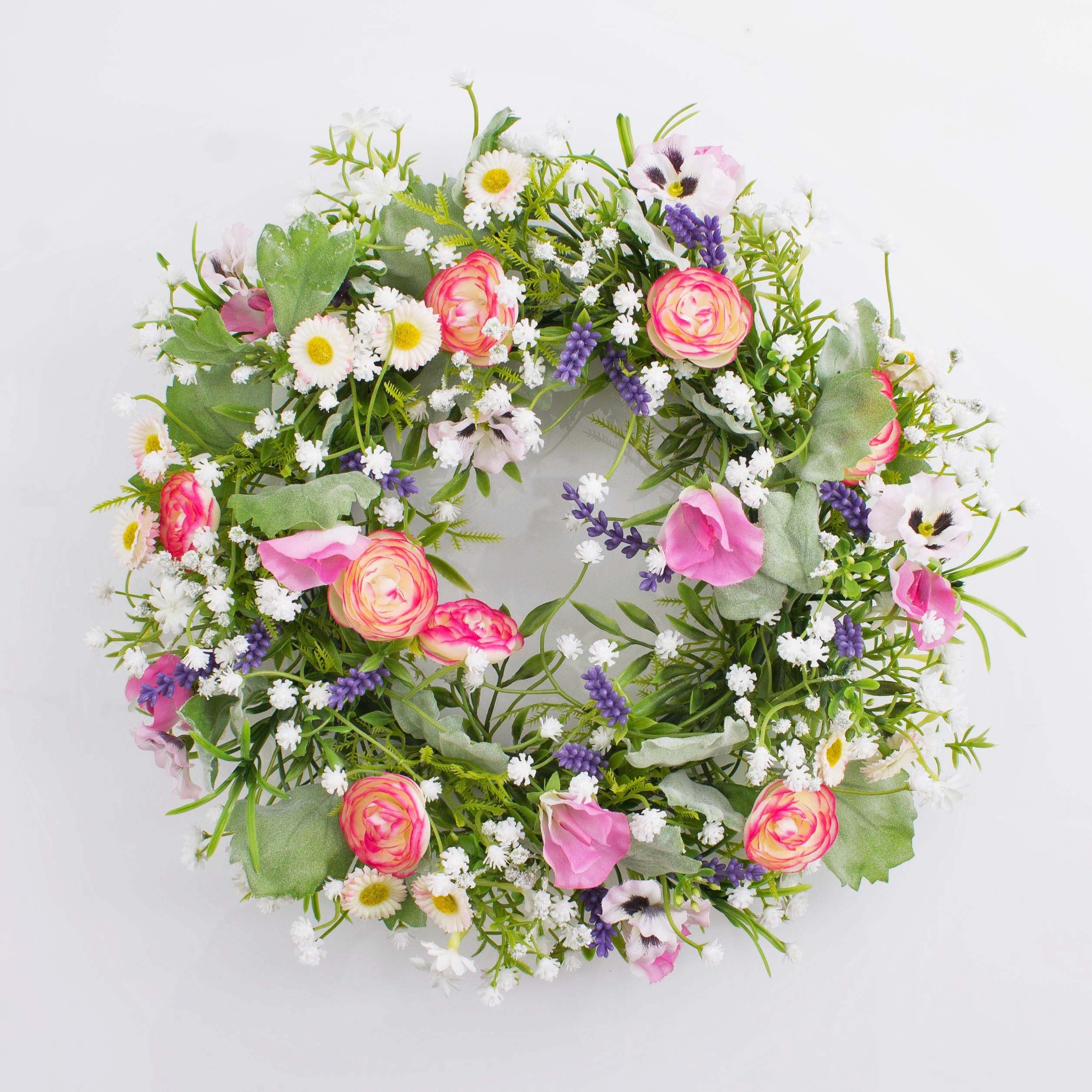Kunstkranz Felicia, Stiefmütterchen, Ranunkeln, rosa - weiß, Ø 30cm, artplants, Höhe 10.0 cm