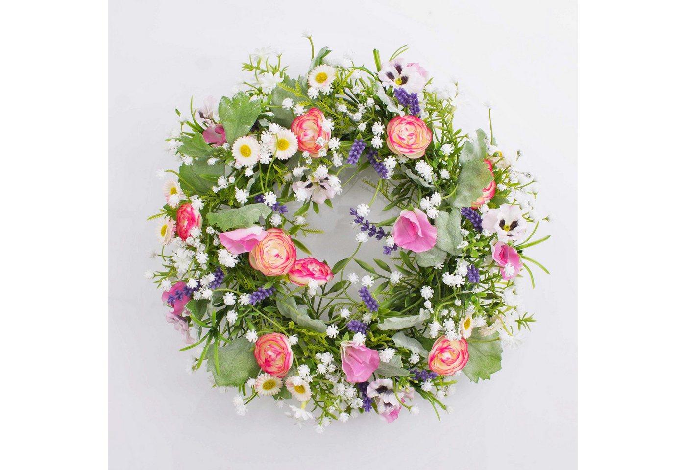 Kunstkranz Felicia, Stiefmütterchen, Ranunkeln, rosa - weiß, Ø 30cm, artplants, Höhe 10.0 cm