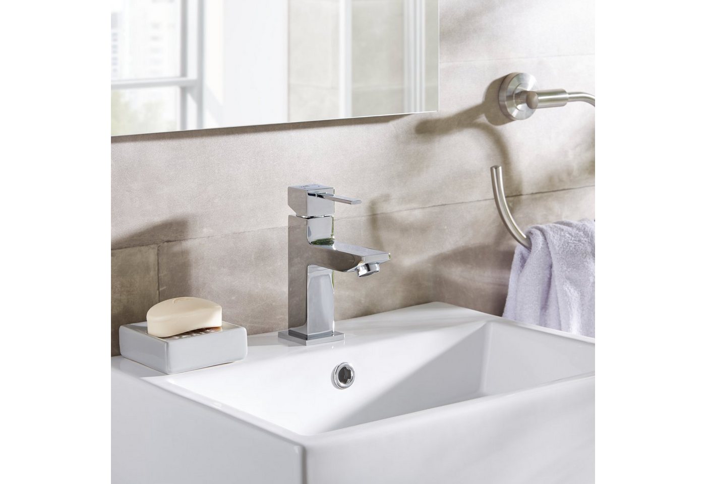 Thumbnail - welltime Waschtischarmatur Trento, Wasserhahn Wassersparende Eco-Click-Funktion, inkl. Pop-Up Ablaufventil