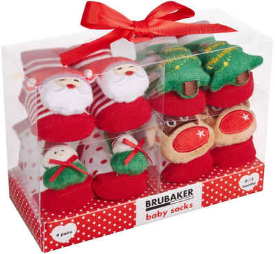 BRUBAKER Socken Babysocken für Jungen und Mädchen 0-12 Monate (4-Paar, Baumwollsocken mit Weihnachts-Motiven) Baby Geschenkset für Neugeborene in Geschenkverpackung mit Schleife