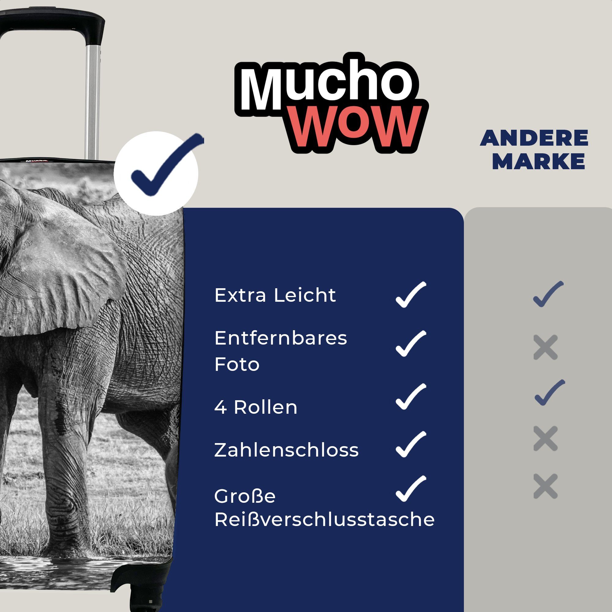 Tiere - - Ferien, Wasser Schwarz Trolley, Rollen, MuchoWow - - rollen, Reisetasche mit für Elefant Weiß, 4 Reisekoffer Handgepäckkoffer Handgepäck