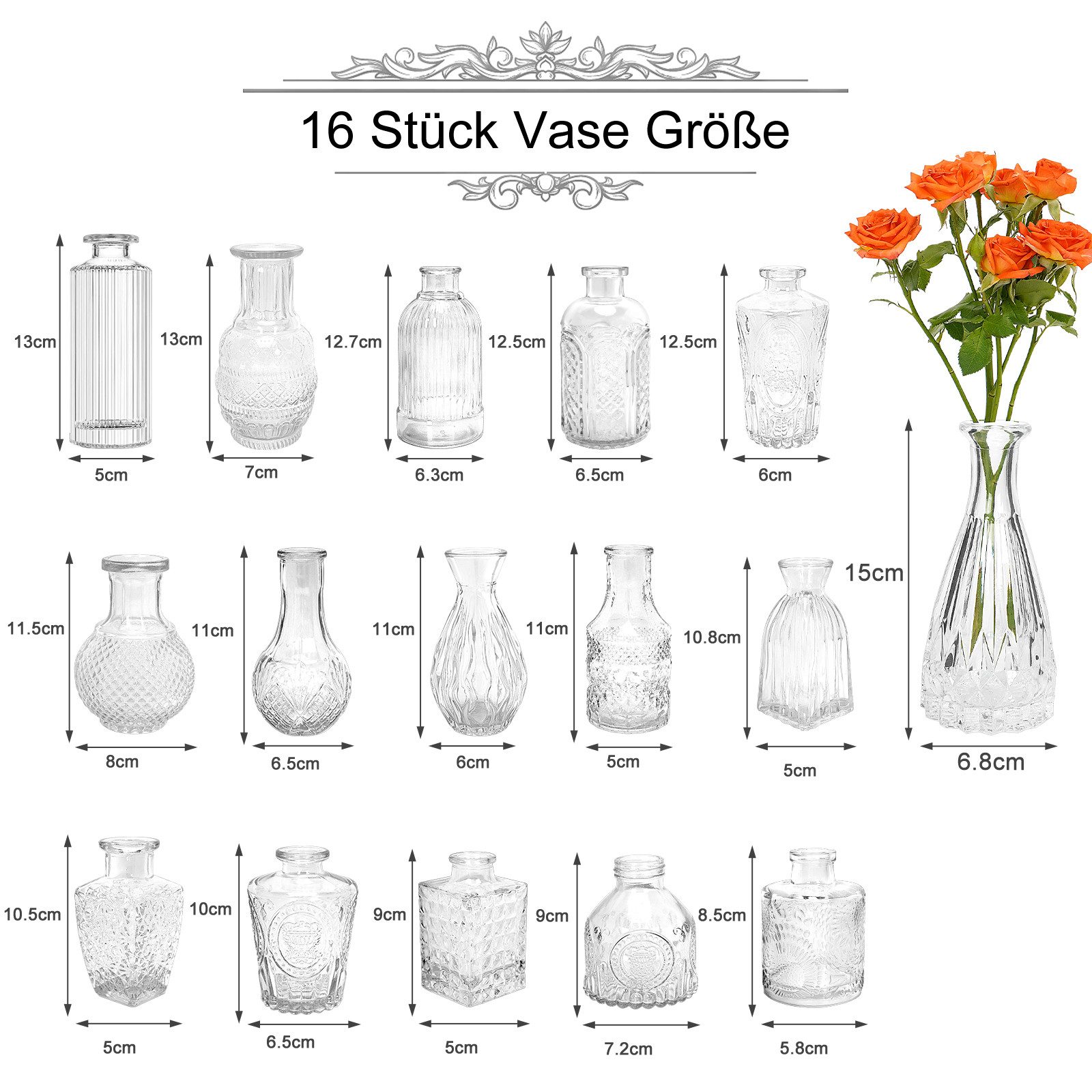 OSTWOLKE Tischvase 16 Mini Glasvasen für Tischdeko kleine Vasen Hochzeitsdeko (16 St)