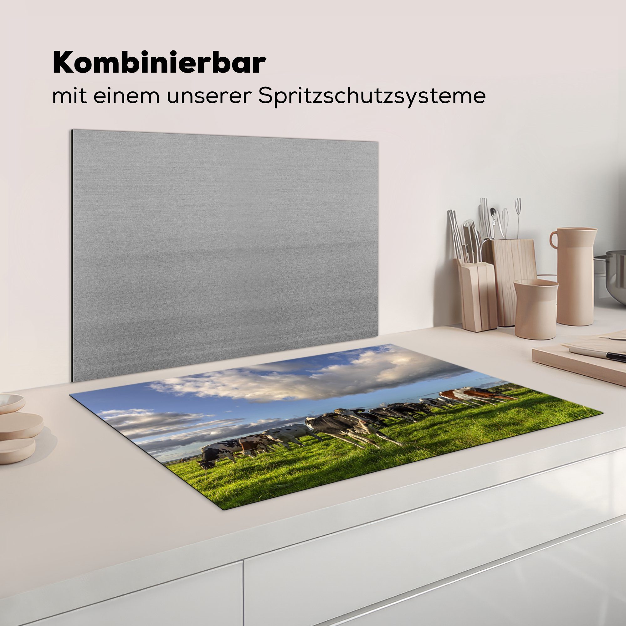 Herdblende-/Abdeckplatte für Gras, Vinyl, Ceranfeldabdeckung (1 Induktionskochfeld - - Licht die MuchoWow küche, Kühe cm, Schutz tlg), 81x52