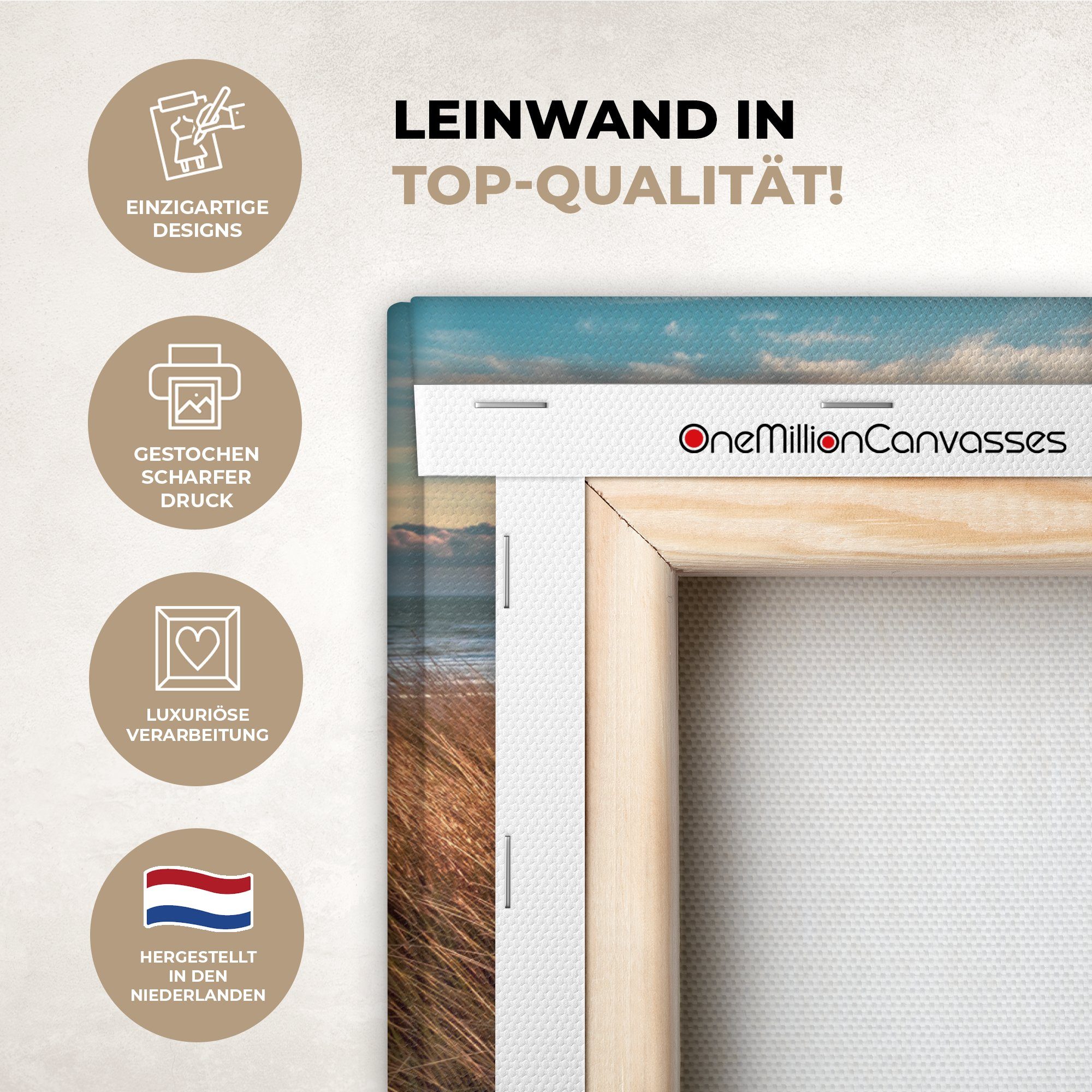 OneMillionCanvasses® Leinwandbild Düne - Pflanzen - Sonnenuntergang - Strand - Meer, Fotodruck (1 St), Leinwand Bilder Klein, Wand Dekoration Aesthetic 30x20 cm