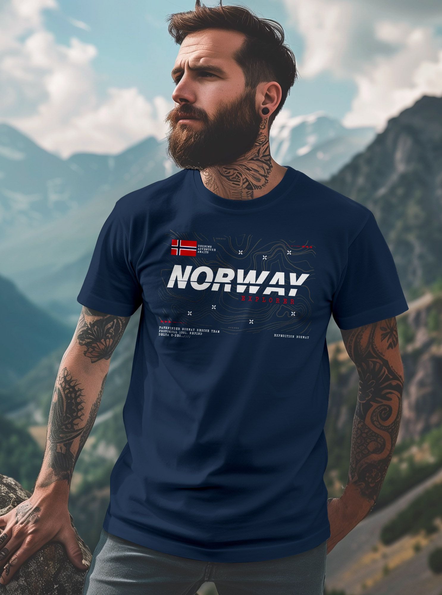 Neverless Print-Shirt Herren T-Shirt Norwegen Printshirt Flagge Schriftzug Norway Explorer mit Print – Bild 3 von 4