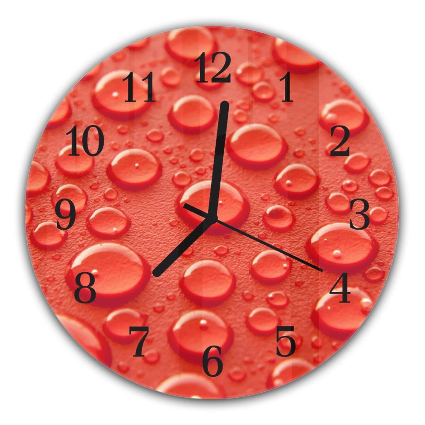 Primedeco Wanduhr Wanduhr aus auf cm mit Tropfen Durchmesser mit und - rotem Quarzuhrwerk Rund Hintergrund 30 Motiv Glas