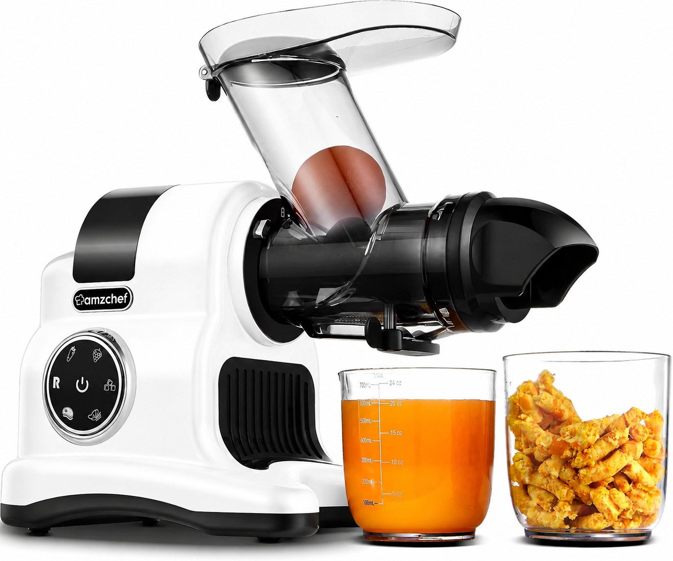 AMZCHEF Slow Juicer ZM1517 80 mm Einfüllschacht 2 Stufen Rücklauf unter 60 dB Obst Gemüse, 150 W, Bis 90 % Saftausbeute nährstoffschonend einfache Reinigung täglich