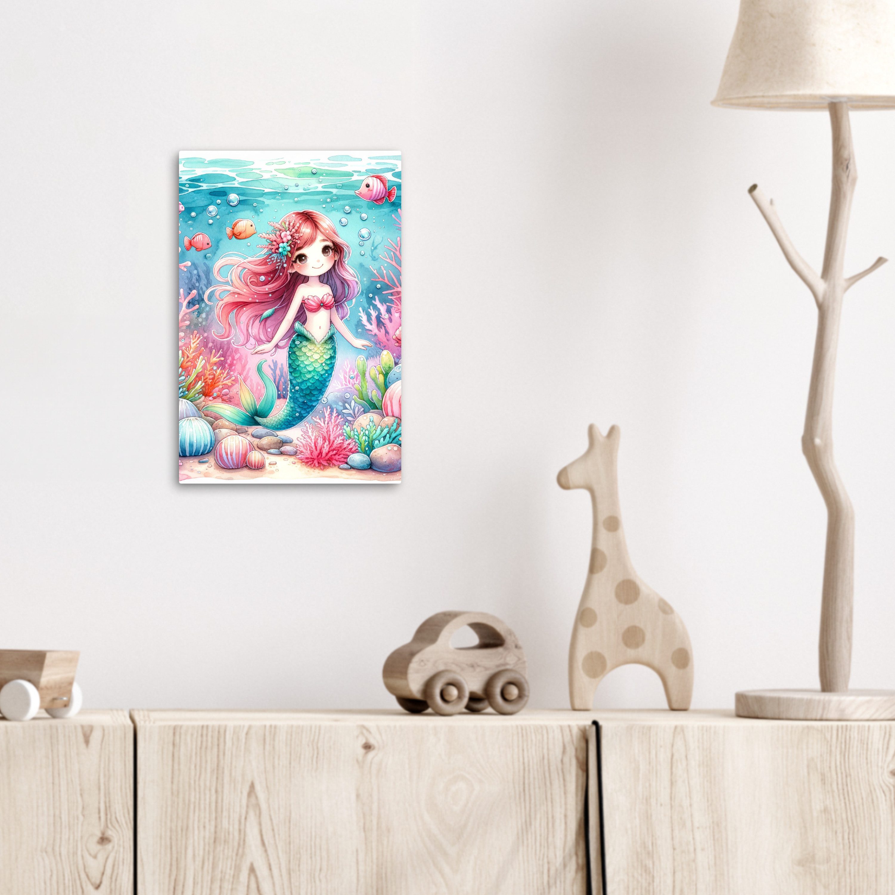 OneMillionCanvasses® Leinwandbild Meerjungfrau - Bunt - Unterwasser - Meerestiere - Fisch, Fotodruck (1 St), Kinderzimmer Deko, Mädchen und Jungen Bilder 20x30 cm