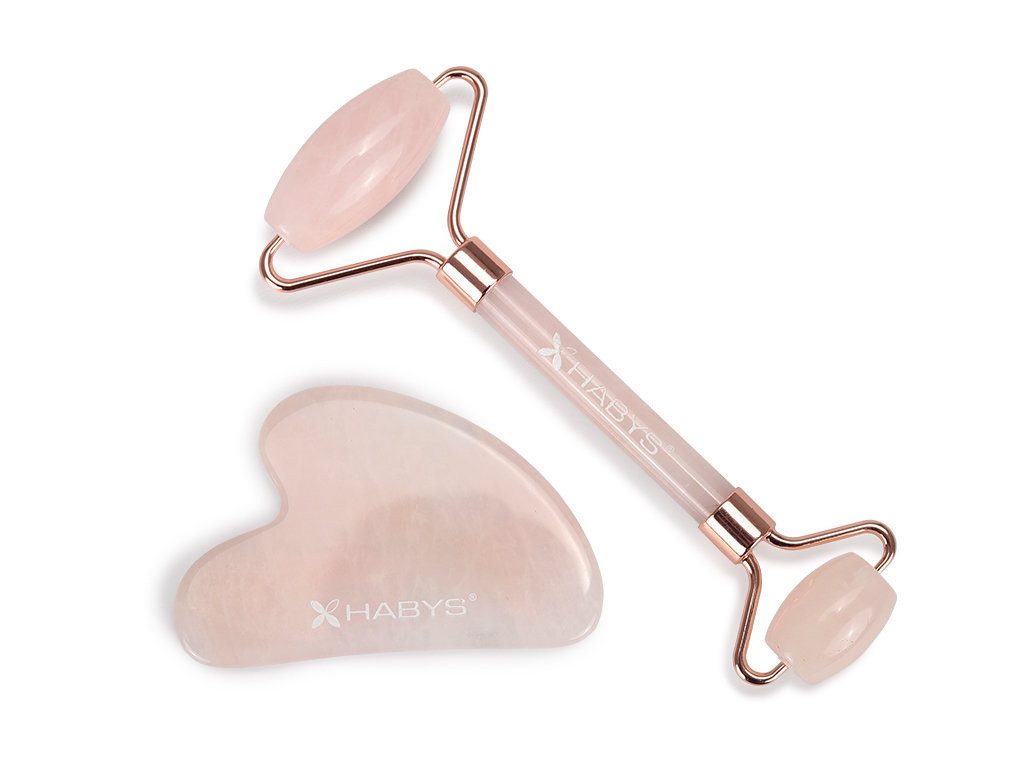 Habys Massageliege Gua Sha Massage-Set aus Rosenquarz, Stein & Roller für Gesichtspflege
