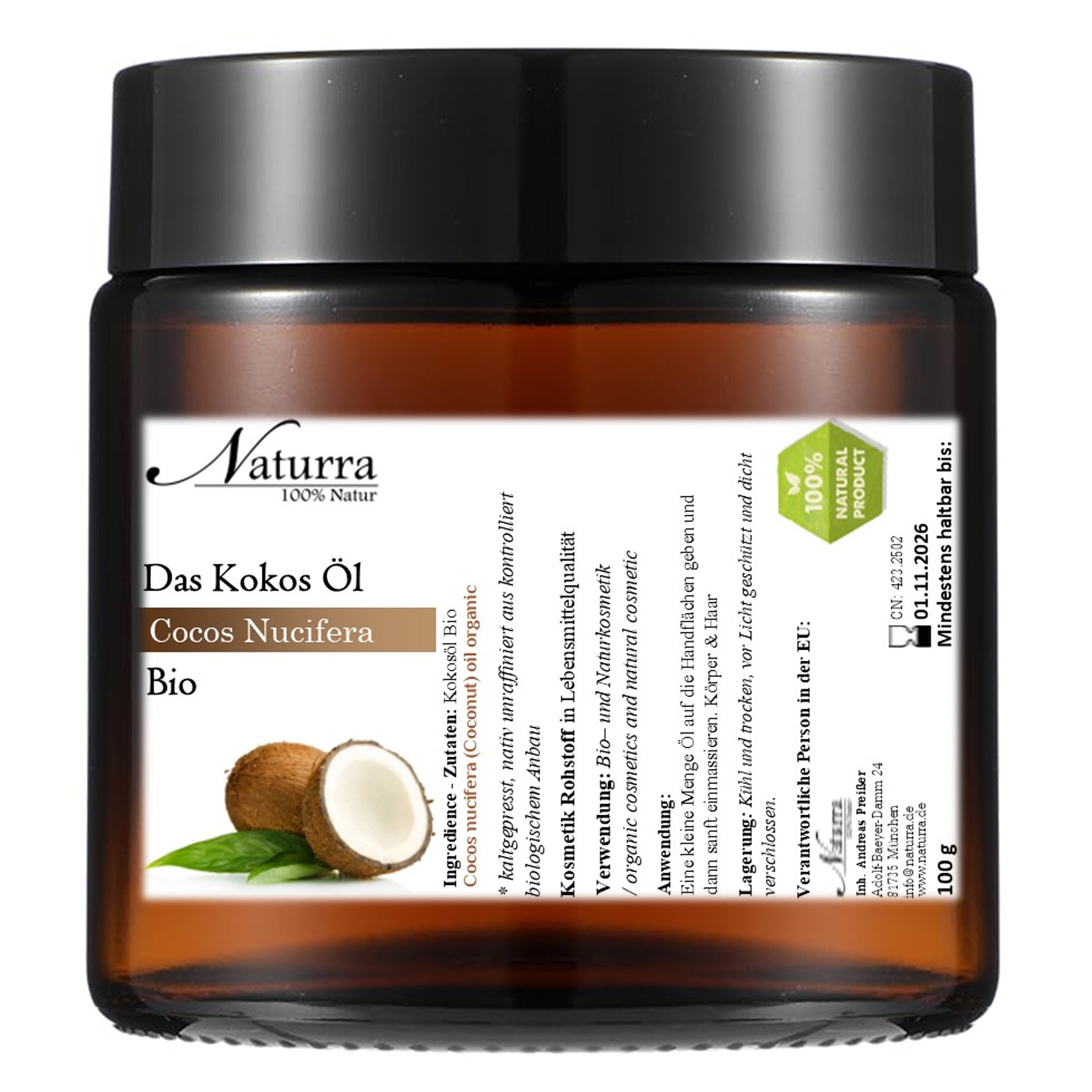 Naturra Körperöl Kokosöl Bio kaltgepresst unraffiniert nativ Premiumqualität im Glas, Bio-zertifizierte native Rohware, 100 % rein, Natürlich vegan, Glas