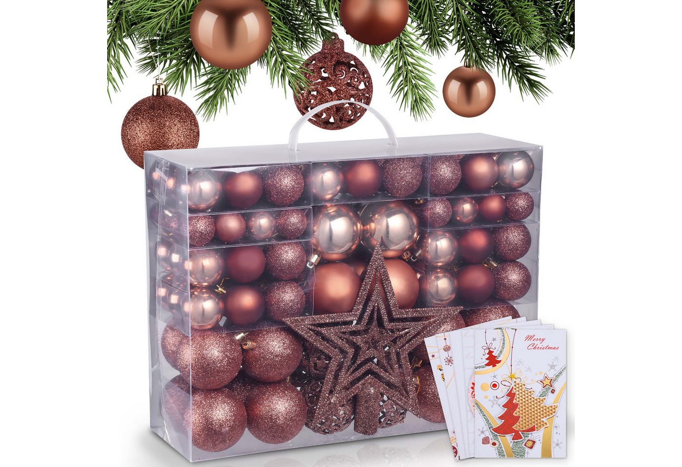Onbest Weihnachtsbaumkugel Weihnachtskugeln 128-teiliges Set PLUS 5x Karten & 1x Baumspitze, in 3 Größen, 3 Designs, Weihnachtsschmuck Weihnachtsdeko