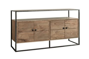 Junado® Sideboard Sydney, massives Akazienholz, stonefarben, 4 Türen mit schwarzem Knopfgriff