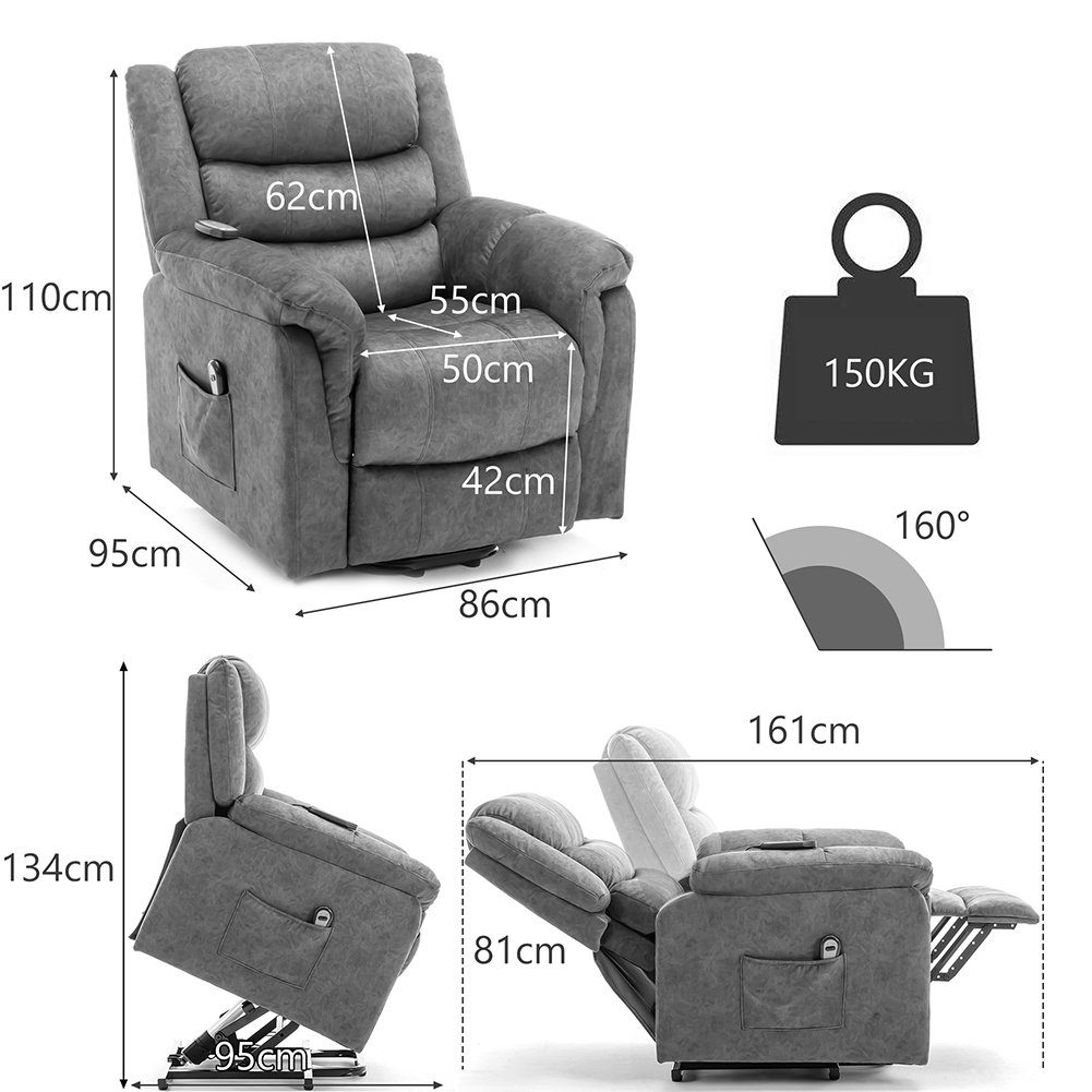 TV-Sessel (Fernsehsessel mit Aufstehhilfe, elektrisch Relaxsessel mit Fernbedienung, bis 150 kg belastbar), Massagesessel mit Liegefunktion, Wärmefunktion und Vibrationsmassage