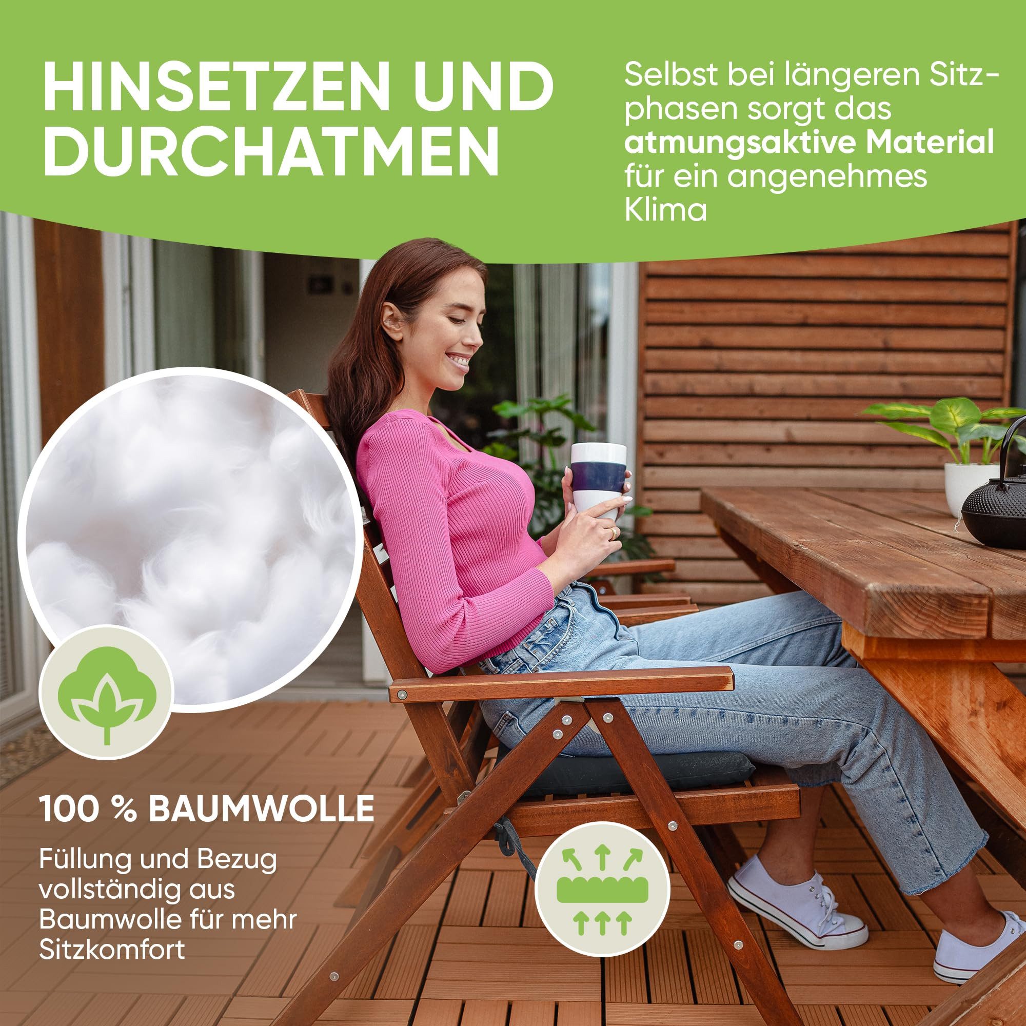 Gräfenstayn Stuhlkissen 4er-Set in 40x40cm und 5cm dicker Polsterung aus 100% Baumwolle, robustes Sitzkissen für Indoor & Outdoor, mit Haltebändern