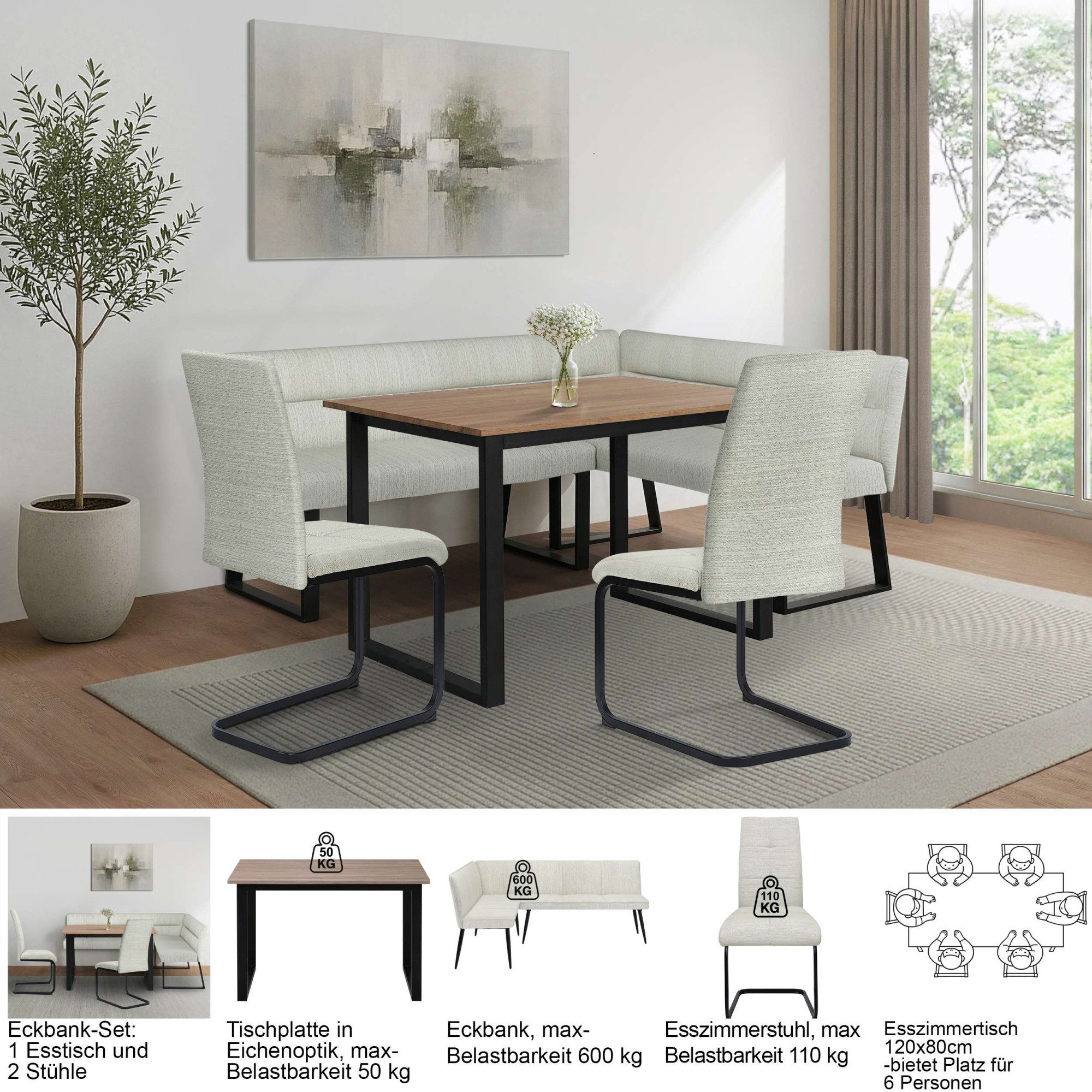 OTTO home Eckbankgruppe Barcell/Ivanna/Calgoty, (Set, 4-tlg., Eckbankgruppe mit Tisch, Eckbank, Stühle), Sitzgruppe, Eckbank und Stühle bequem gepolstert, Tisch 120x80 cm
