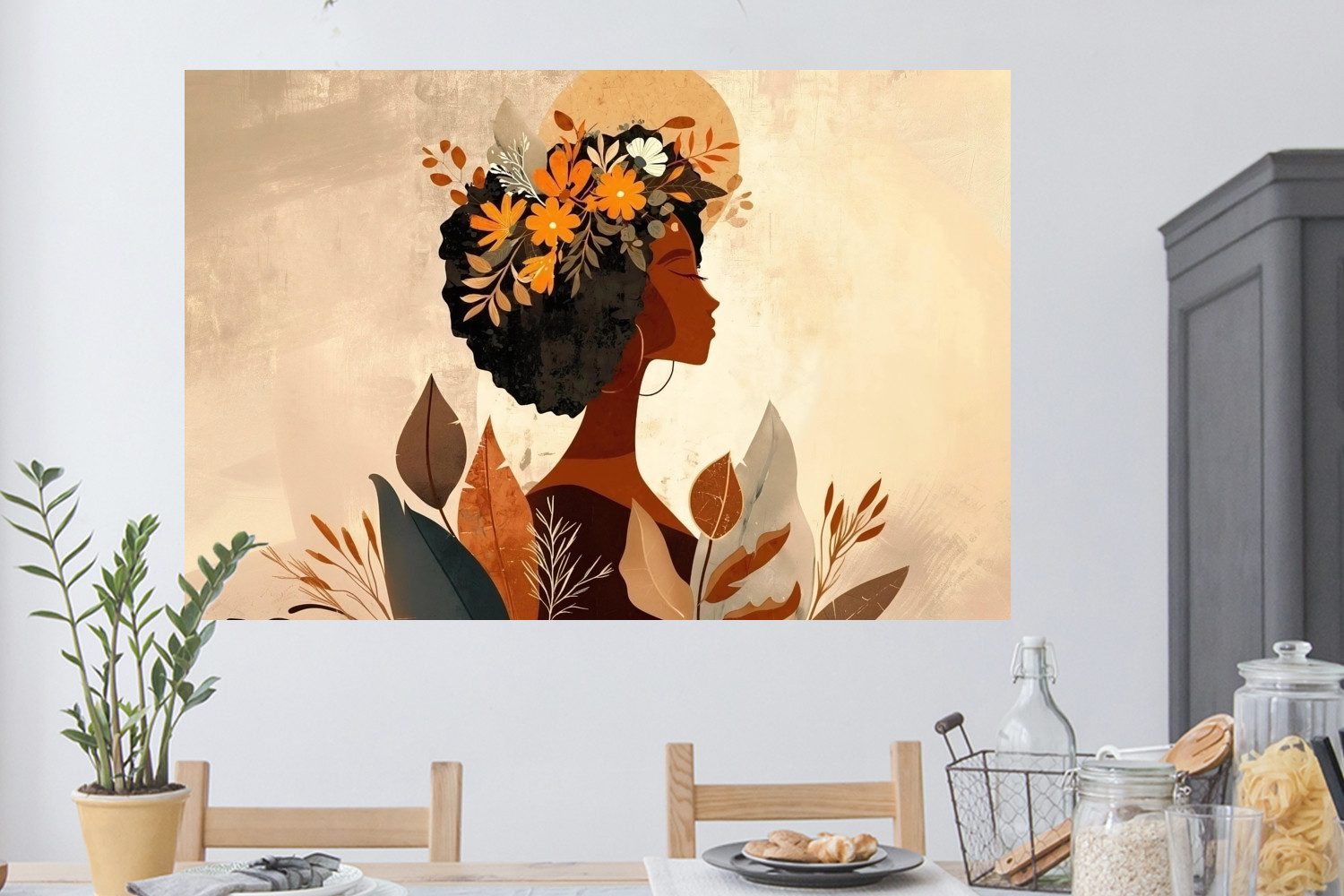 MuchoWow Wandsticker Frau - Locken - Blumen - Beige (1 St), Wanddeko, Aufkleber, Wandtattoo, 120x80 cm