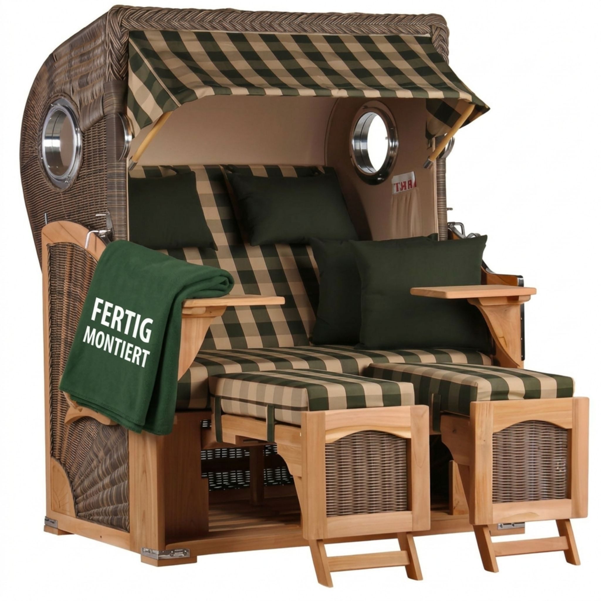 MR.DEKO Strandkorb Düne 2-Sitzer Teak Bullauge wetterfest PE-Geflecht grey, BxTxH: 125x80x170 cm, Düne, Düne, (Fertig montierter Strandkorb für Garten, Terrasse & Balkon), Wetterfester Volllieger mit Edelstahlbeschlägen & waschbaren Polstern