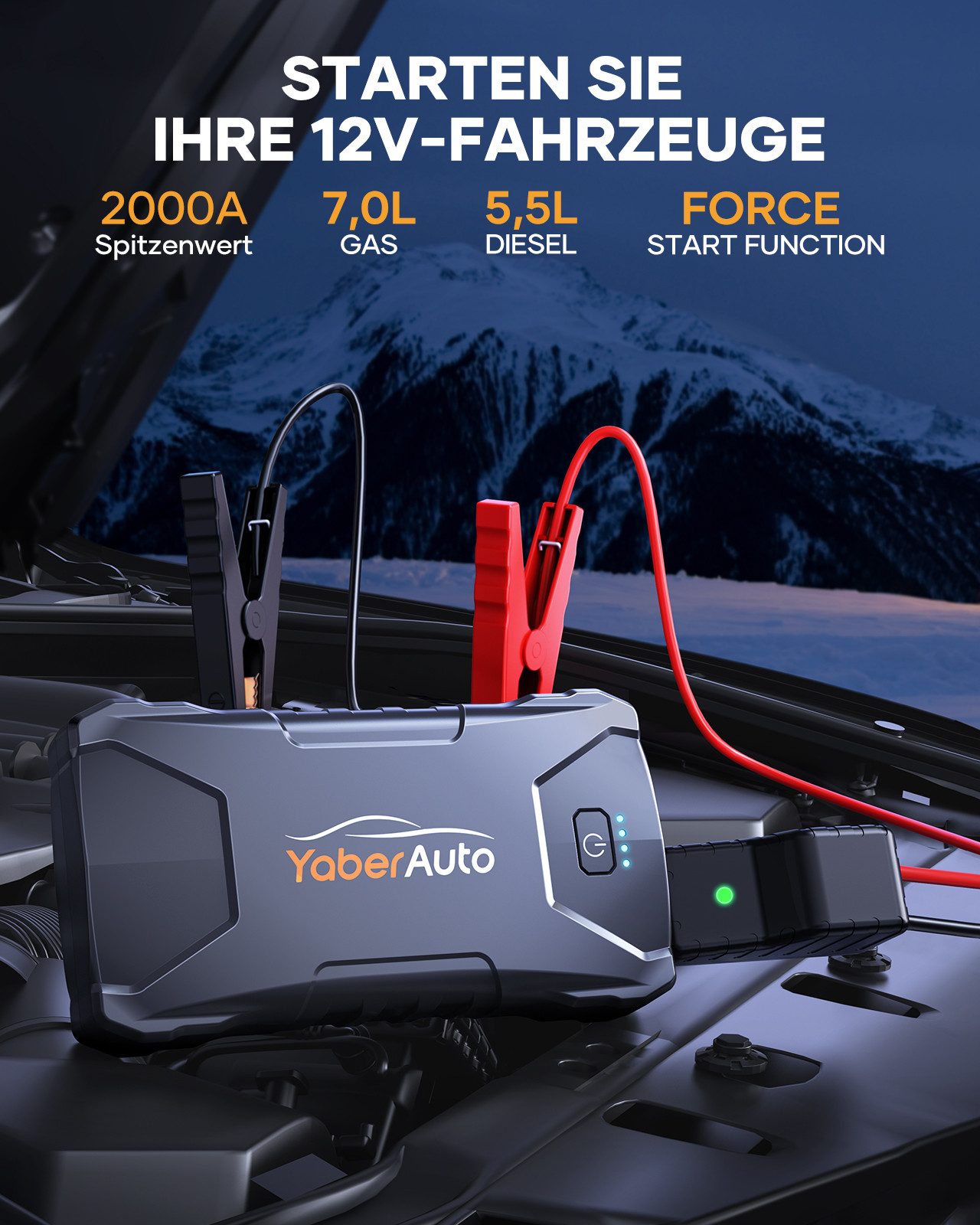 Yaber 13800mAh Starthilfe Powerbank fürs Auto 2000A Starthilfegerät 13800 mAh (12 V), 2000A, Kompakt & Leicht, 10 Schutzmaßnahmen, Notfall-LED-Licht – Bild 3 von 5