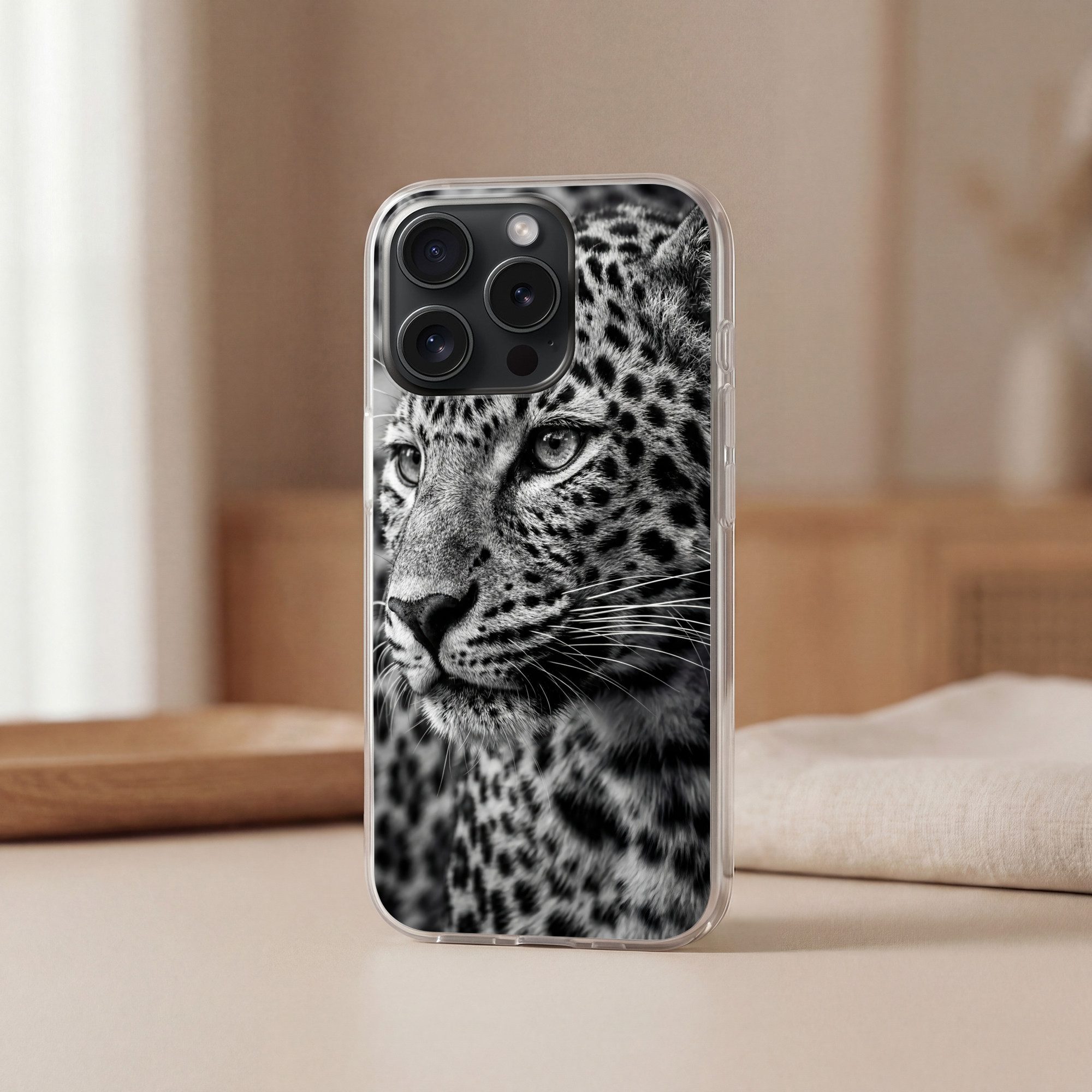 MuchoWow Handyhülle für Apple iPhone 15 Pro Max Leopard - Schwarz - Weiß - Auge, Smartphone-Bumper, Print, Handy Schutzhülle Dünn
