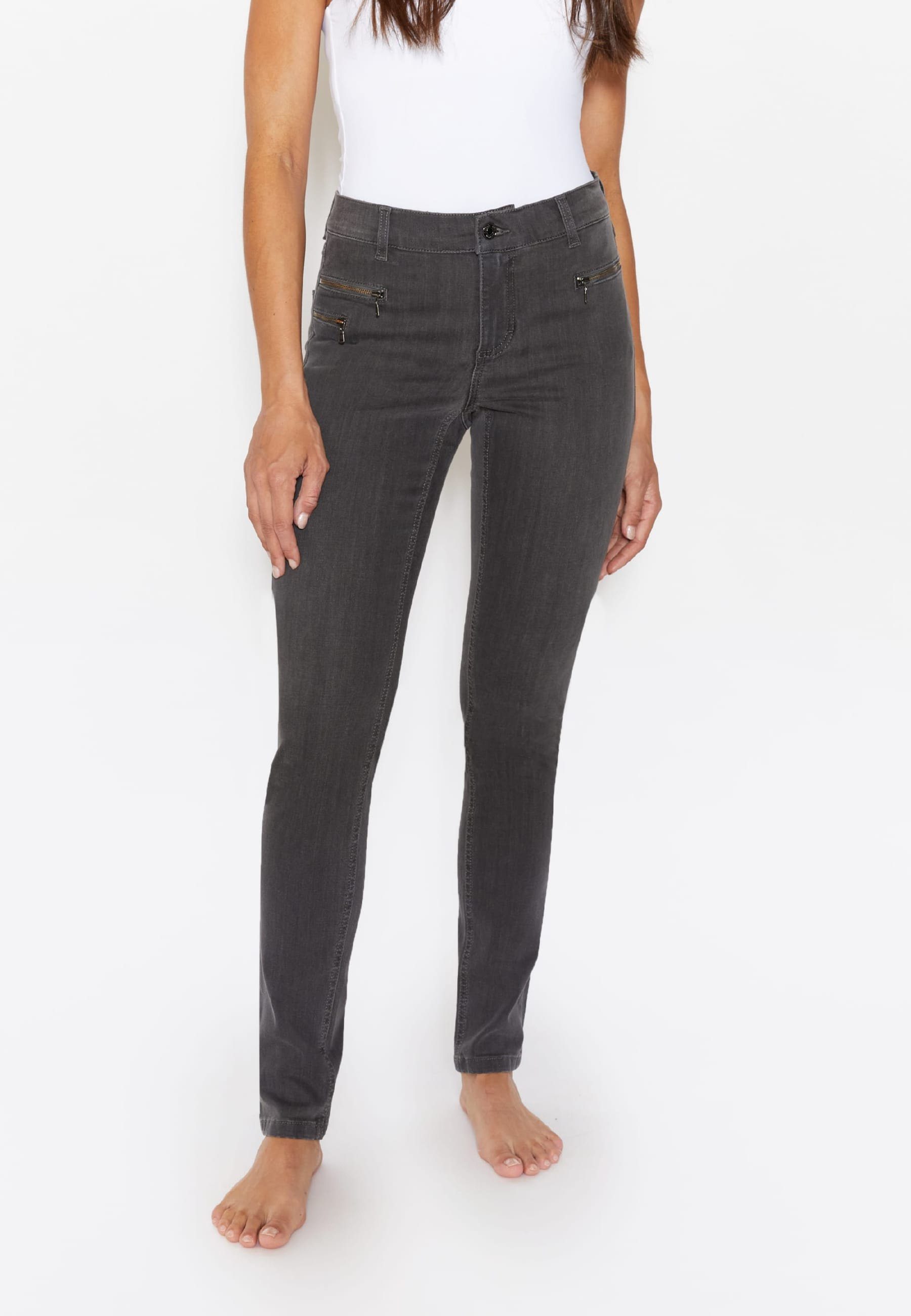Jeans Zip Zierreißverschlüssen ANGELS grau Slim-fit-Jeans mit Malu mit Label-Applikationen