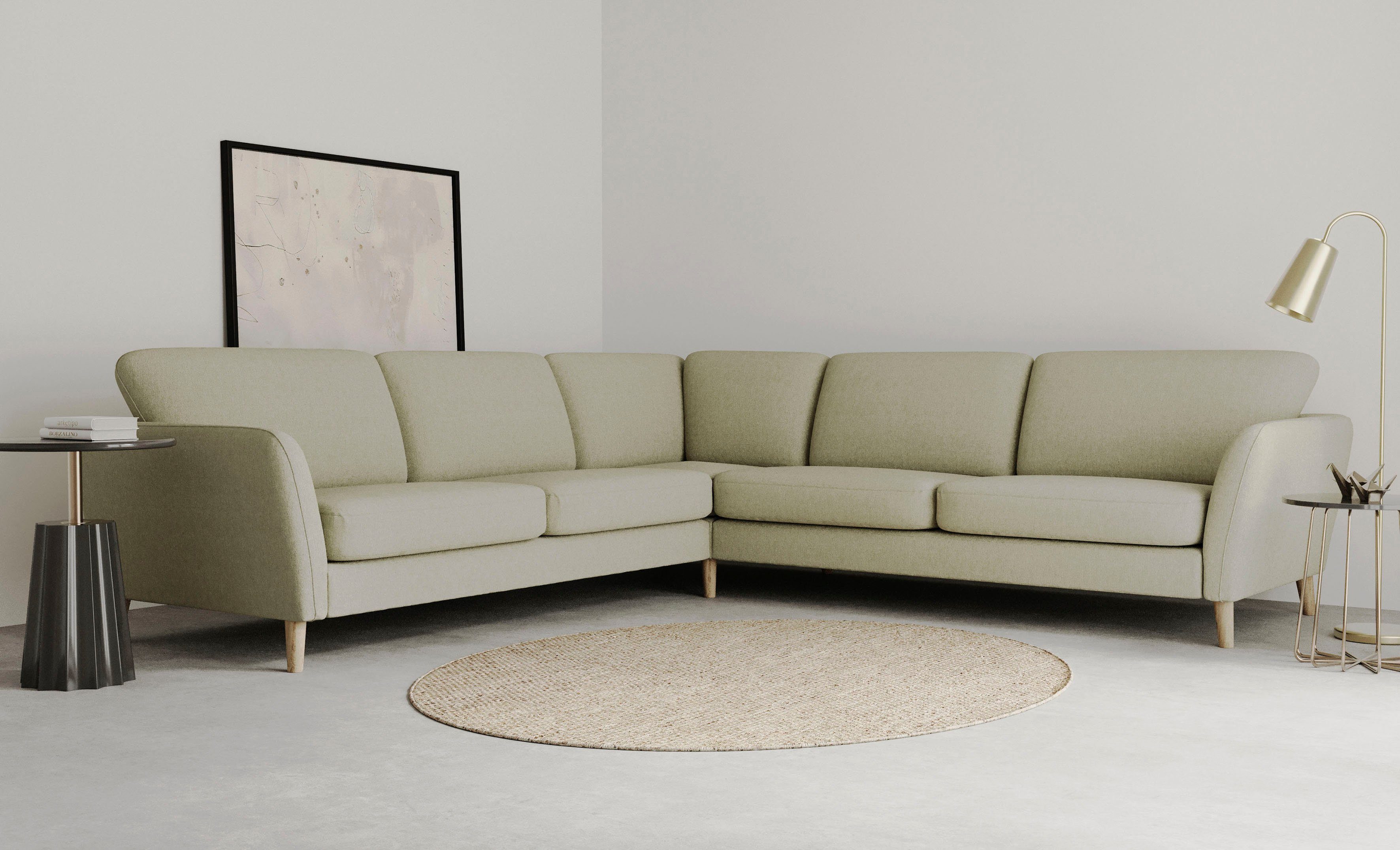 Home affaire Ecksofa MARSEILLE 278/278 cm, L-Form, Webstoff, Flachgewebe, Filzoptik, gleichschenklig, Massivholzbeine, Landhausstil, Wellenunterfederung