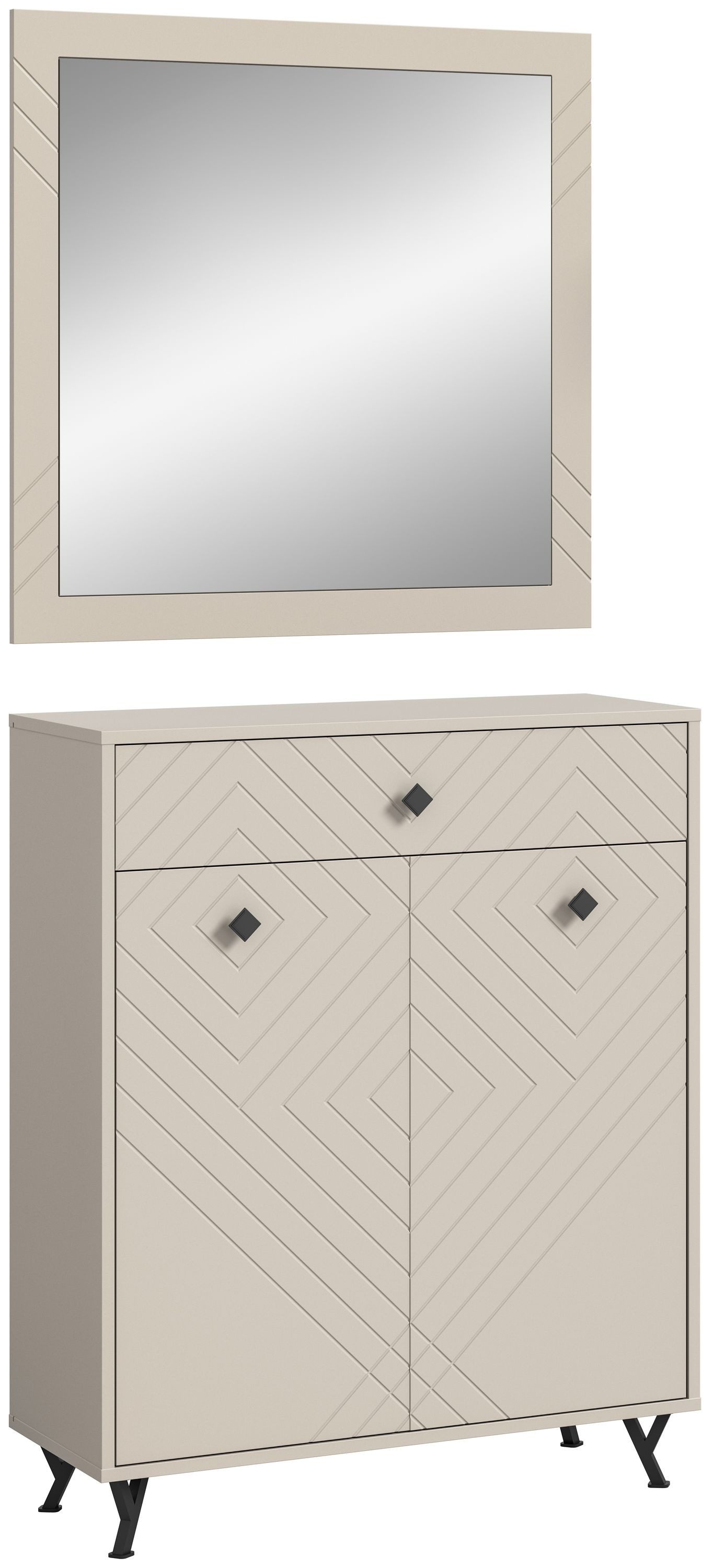 xonox.home Garderoben-Set, (2tlg. Set bestehend aus Schuhkommode, Spiegel klein), Sandbeige Matt Retro Melamin 80x190x35 cm