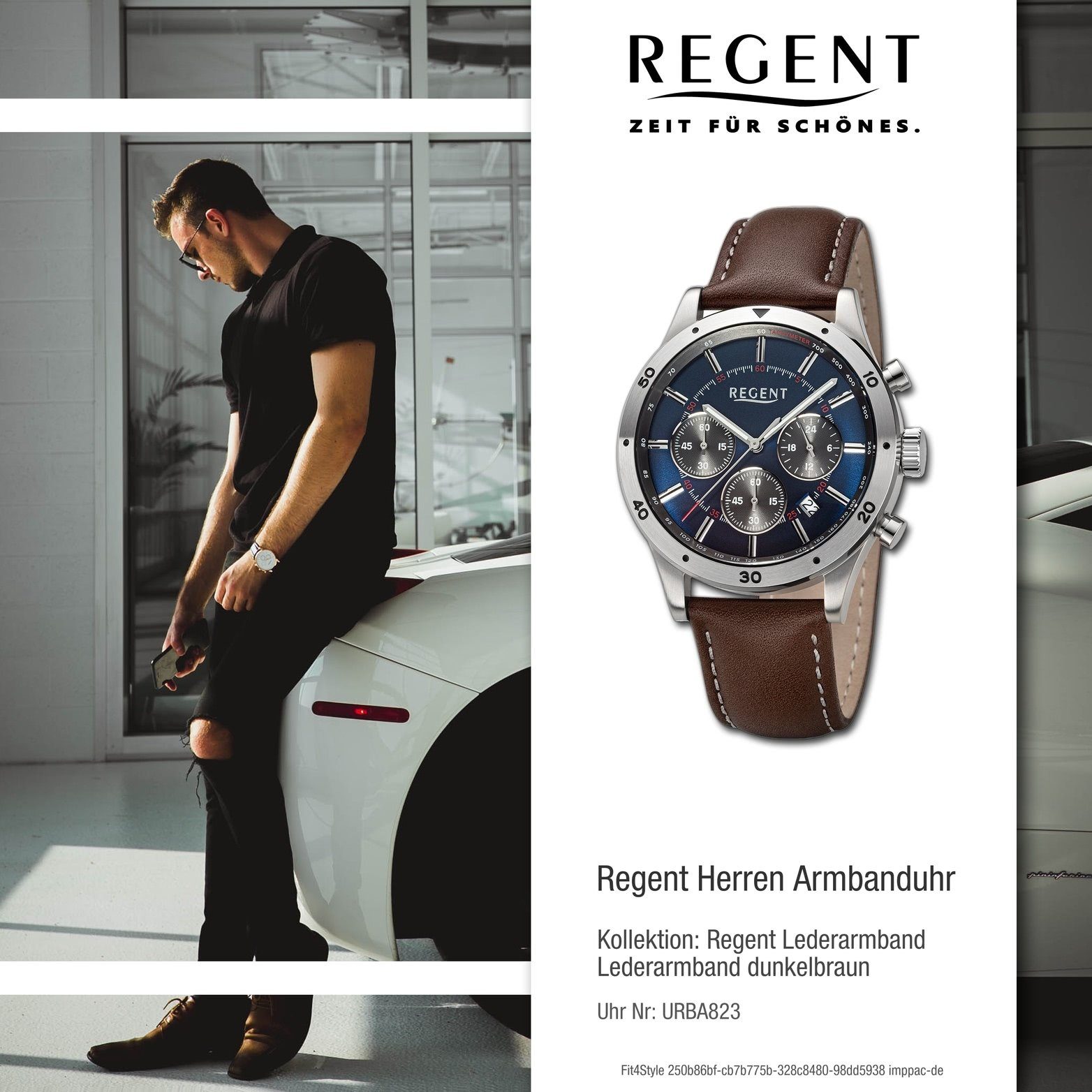 Regent Quarzuhr Regent Herren Analog, 41mm) groß (ca. Lederarmband rundes Gehäuse, dunkelbraun, Herrenuhr Armbanduhr