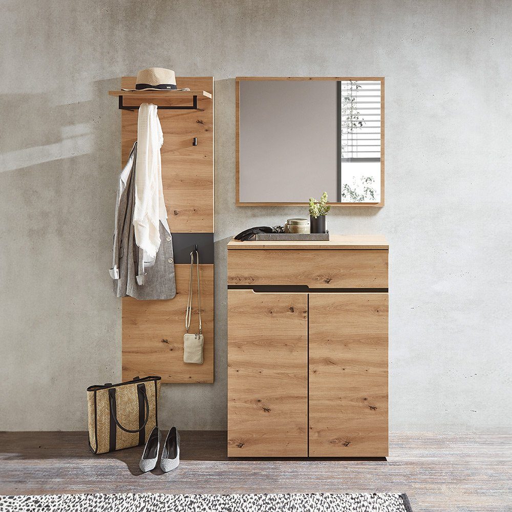 Lomadox Garderoben-Set MANRESA-36, (Spar-Set, 3-St), mit Spiegel, Paneel, Schuhschrank in Artisan Eiche Nb. mit Graphit