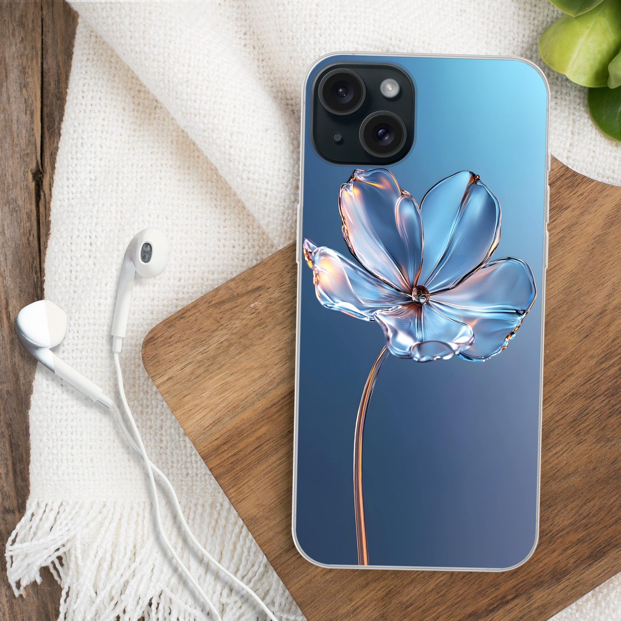 MuchoWow Handyhülle für Apple iPhone 15 Plus Blau - Blume - Gläser - Verziert, Smartphone-Bumper, Print, Handy Schutzhülle Dünn