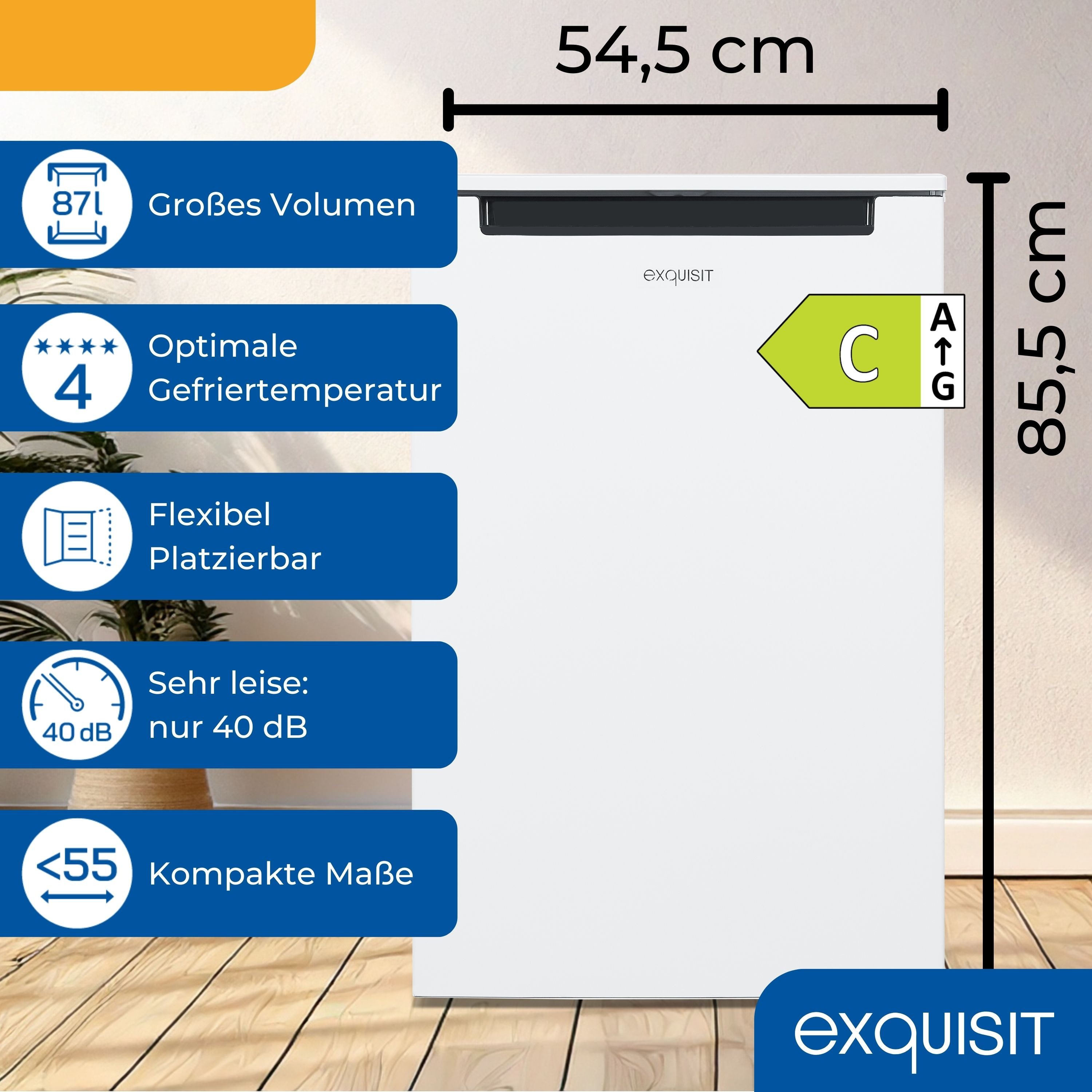 exquisit Gefrierschrank GS581-040C weiss, 85.5 cm hoch, 54.5 cm breit, 87 Liter, 3 Gefrierschubladen, 40 db, EEK: C, 4-Sterne-Gefrieren