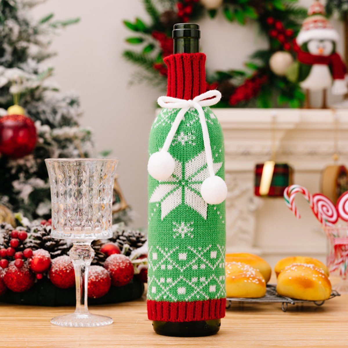 Uana 3 Restaurant-Weihnachtsschneeflocken-Weinflaschen-Strickbezug Weihnachtshaus