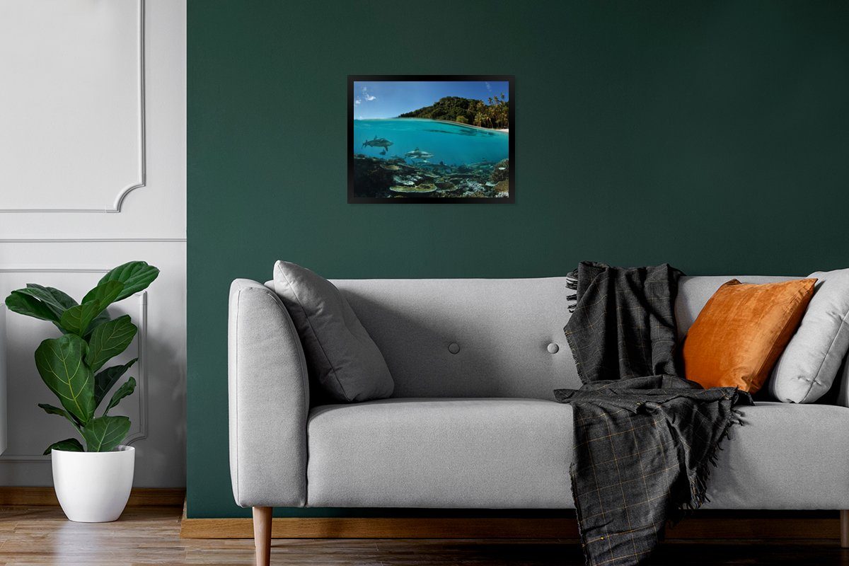 MuchoWow Poster Korallen - St), Haie (1 Rahmen, Meer, Schwarzem - Kunstdruck, Bilderrahmen Gerahmtes mit Poster