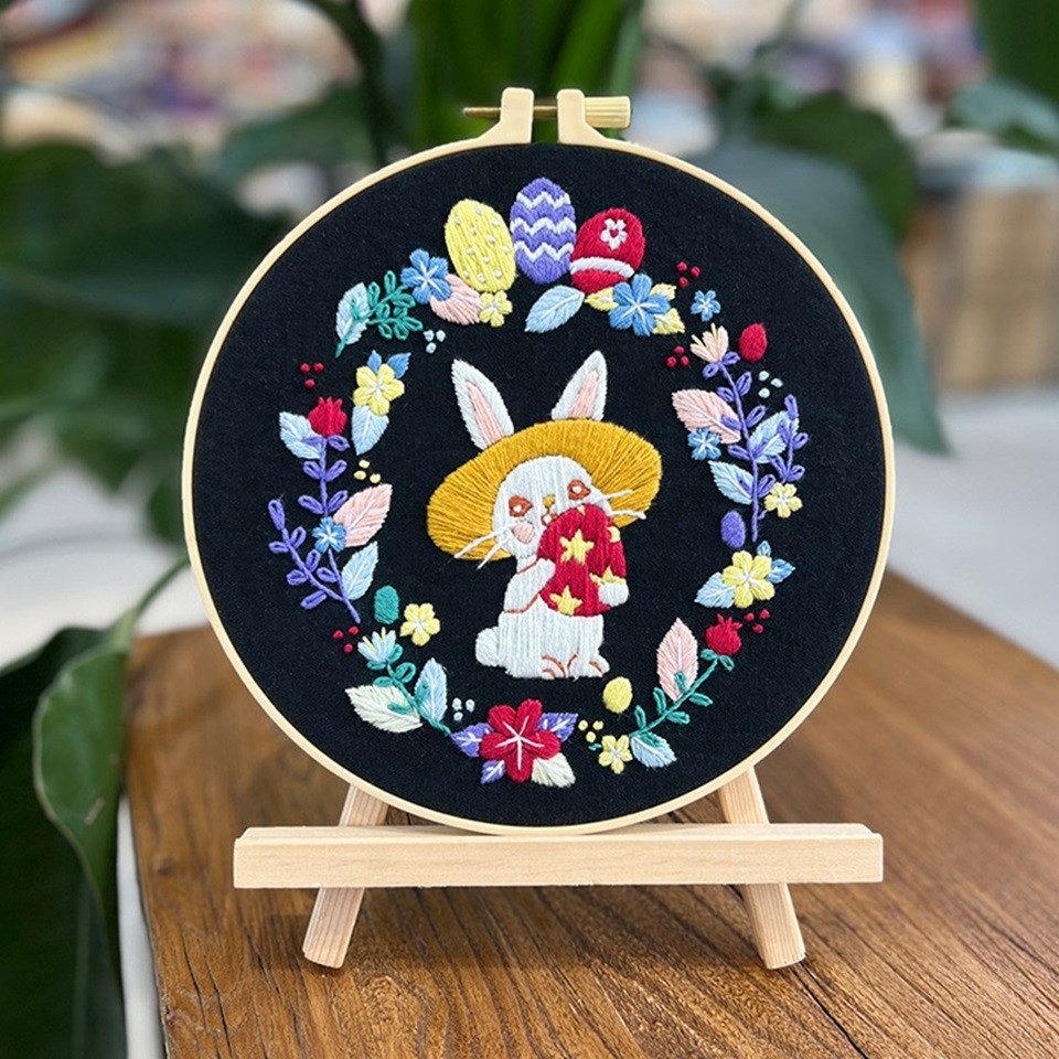 101DIYStudio Kreativset Stickset Osterhasen inkl. Stickrahmen, Stickerei Erwachsene, (Geschenk Ostern), Stilvoll und Einzigartig