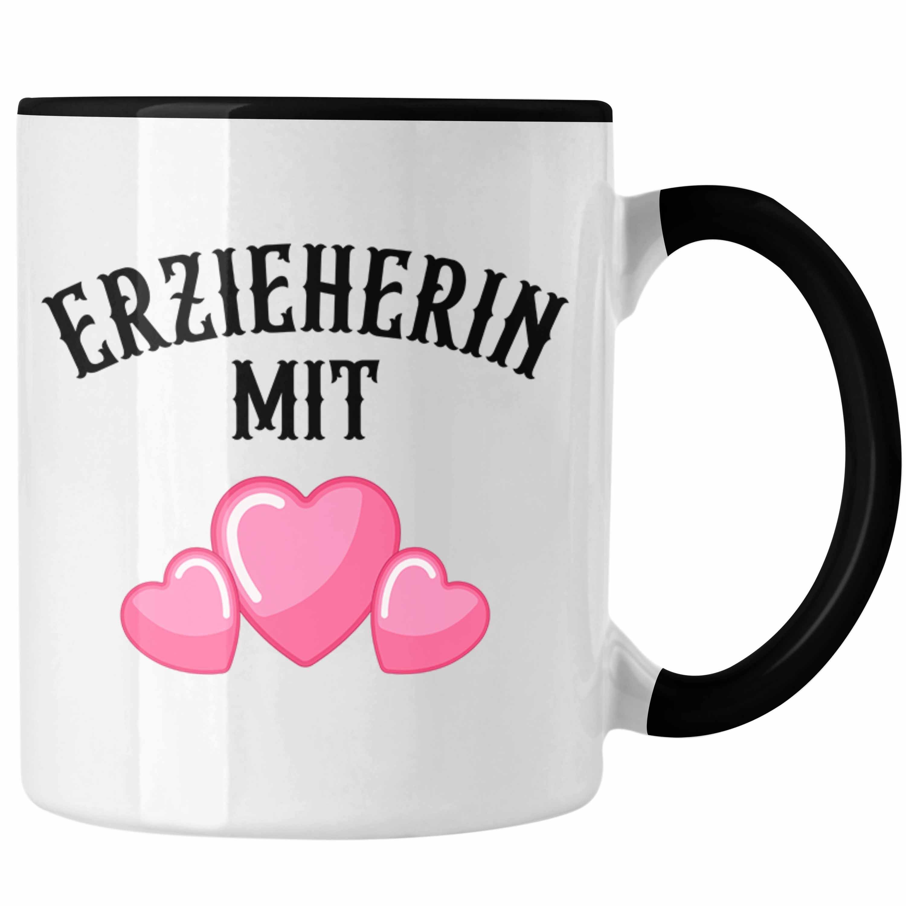 Trendation Tasse Trendation - Erzieherin Tasse Geschenk Abschiedsgeschenk zum Abschied Lustig Geschenke Kaffeetasse Kindergarten Erzieherin Mit Herz Schwarz